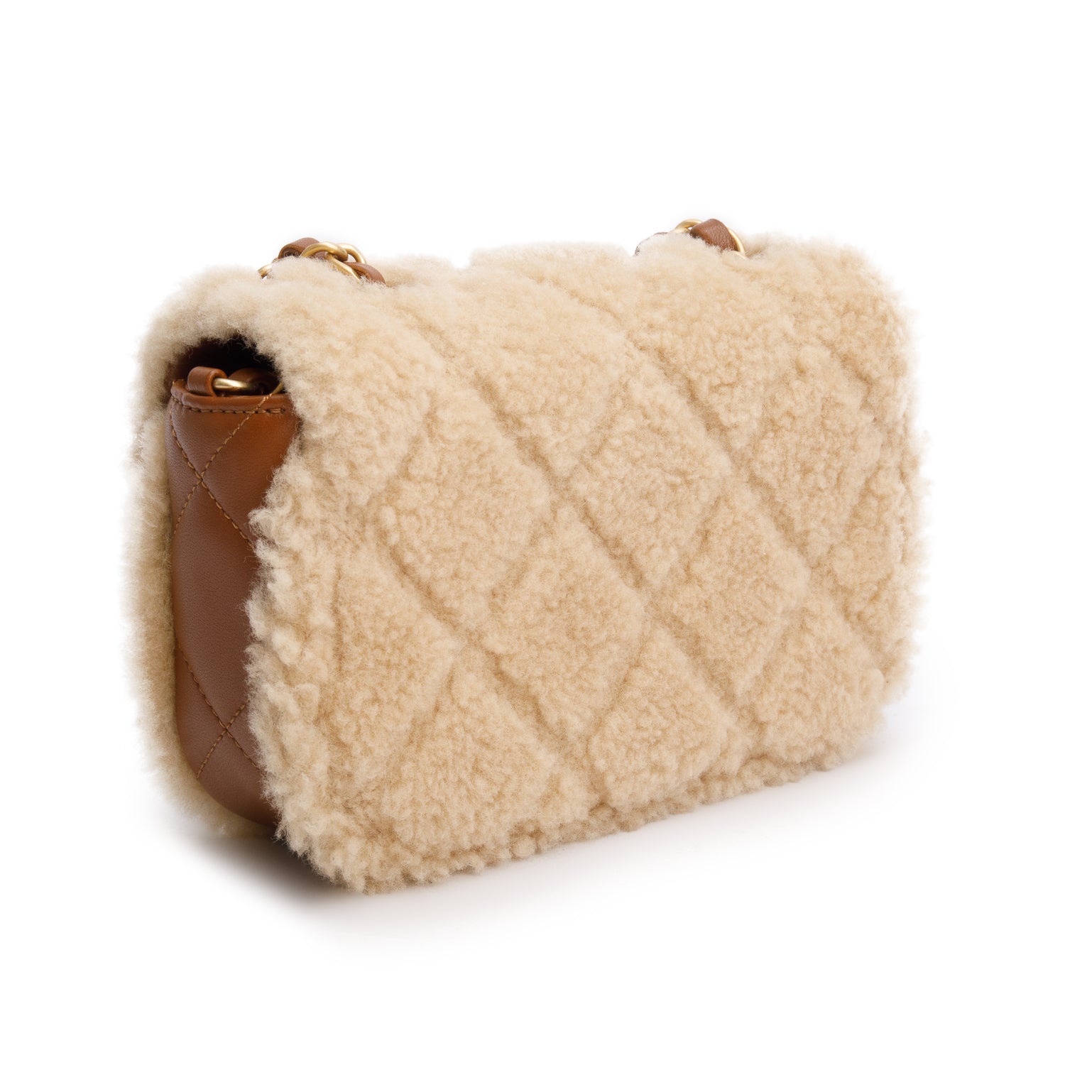 Chanel Brown Shearling Lambskin Quilted Mini Furry Coco Flap Bag w/ Box