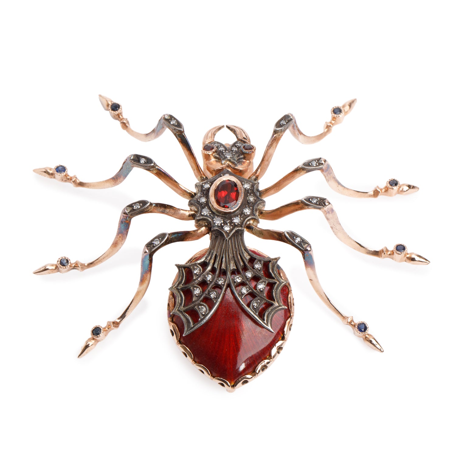 14k Rose Gold Garnet, Blue Sapphires & Diamond Spider Pin Brooch