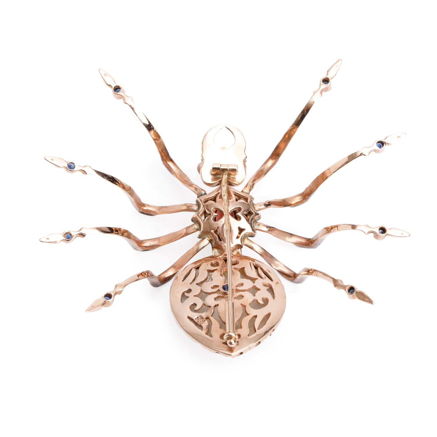 14k Rose Gold Garnet, Blue Sapphires & Diamond Spider Pin Brooch