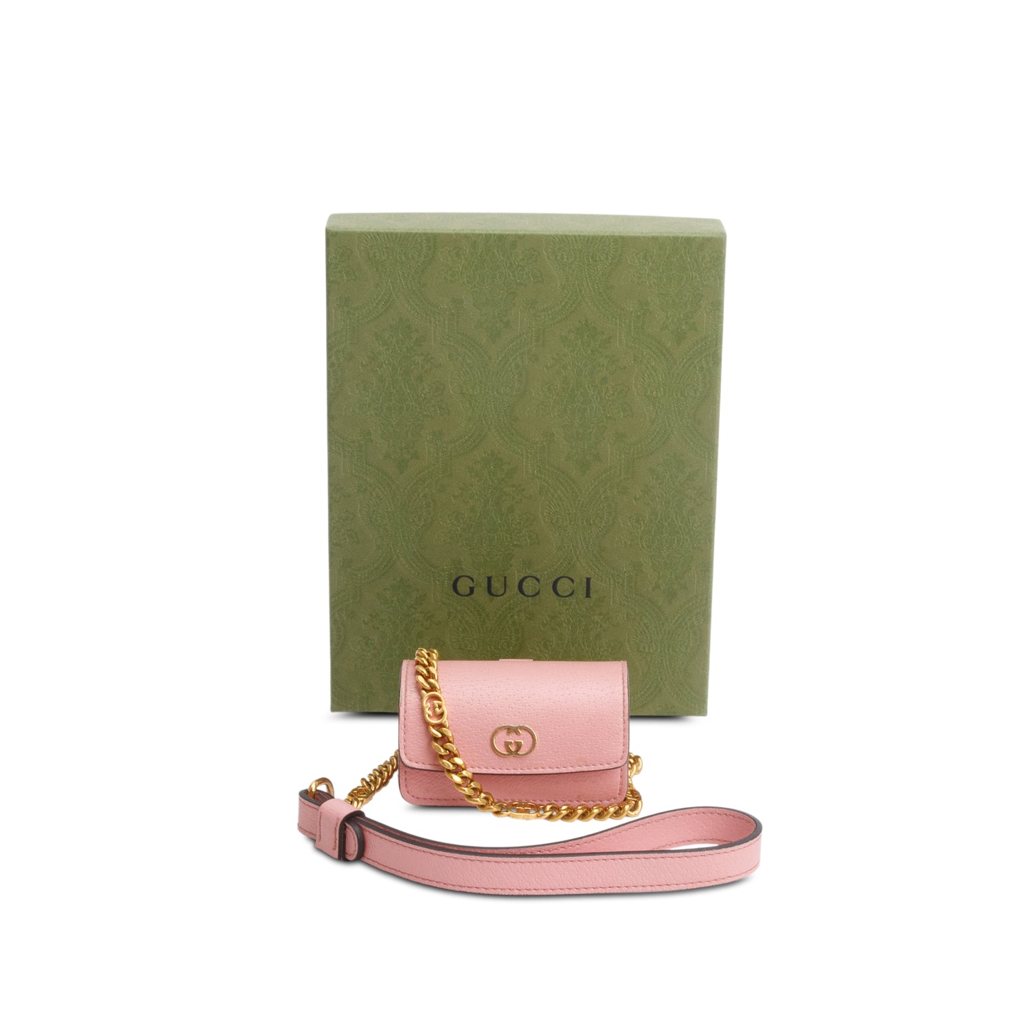 Gucci Pink Dollar Calfskin Interlocking G Etiquette Holder w/ Box & Chain