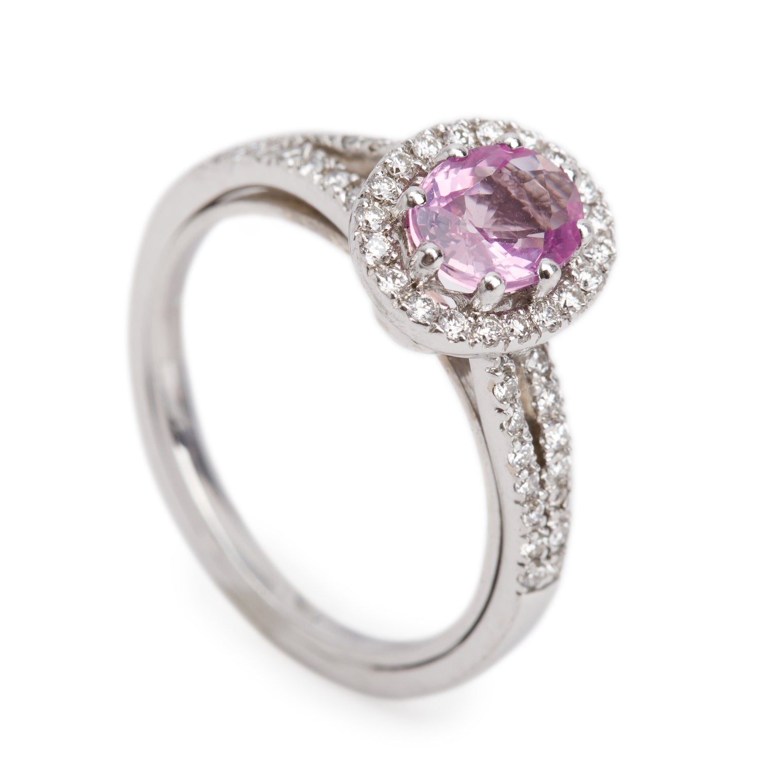 14k White Gold Pink Sapphire and Diamond Ring, Size 5.25