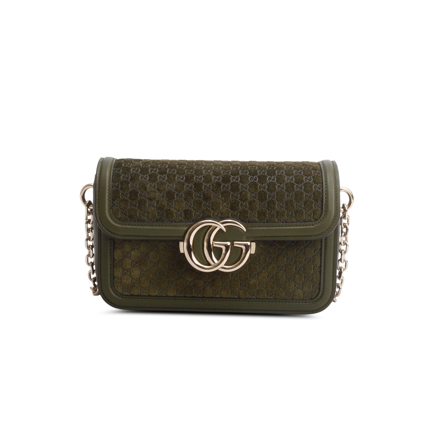 Gucci Green Suede Monogram Go Small Shoulder Bag w/ Straps