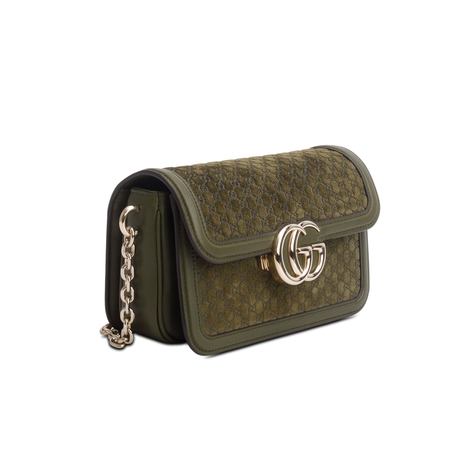 Gucci Green Suede Monogram Go Small Shoulder Bag w/ Straps