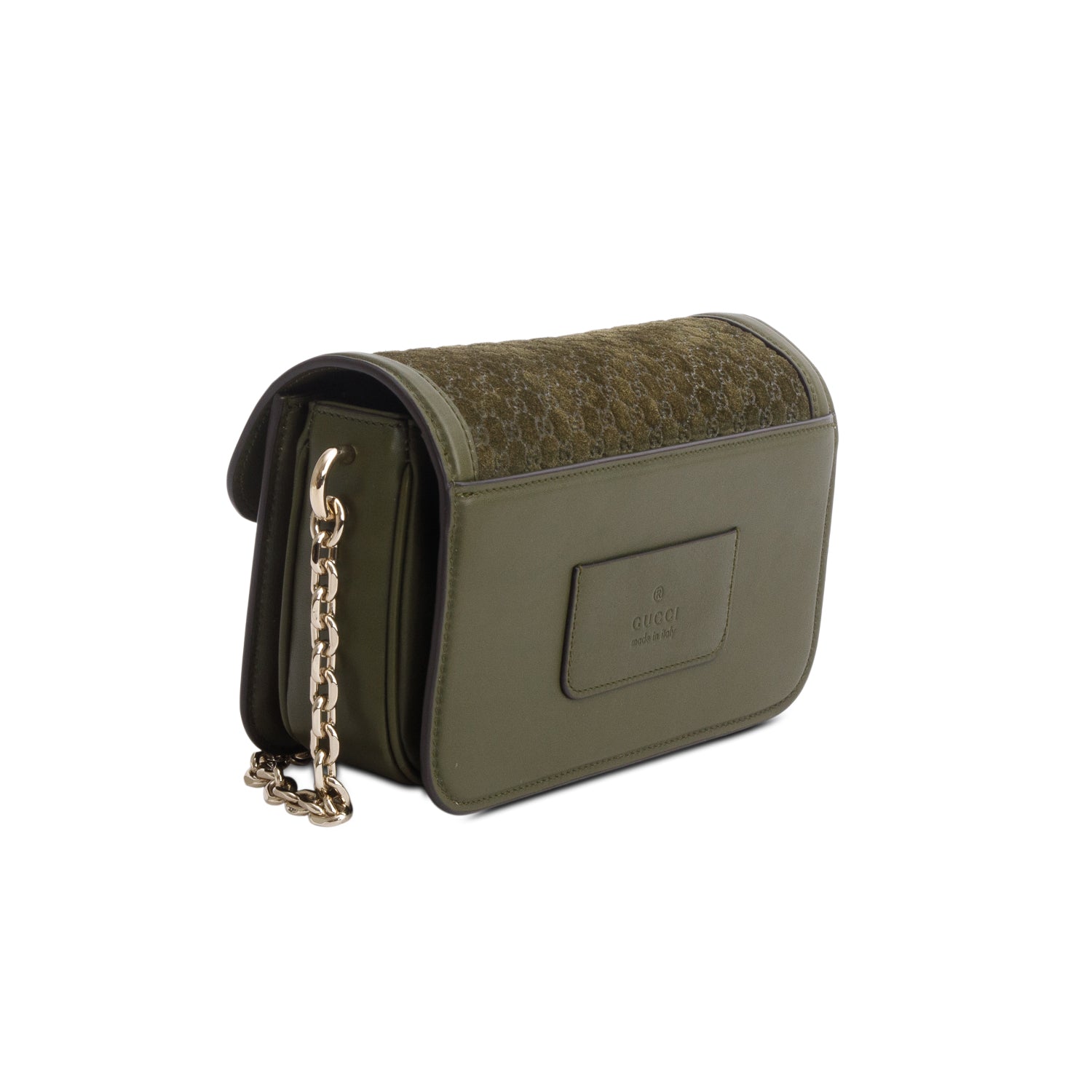 Gucci Green Suede Monogram Go Small Shoulder Bag w/ Straps