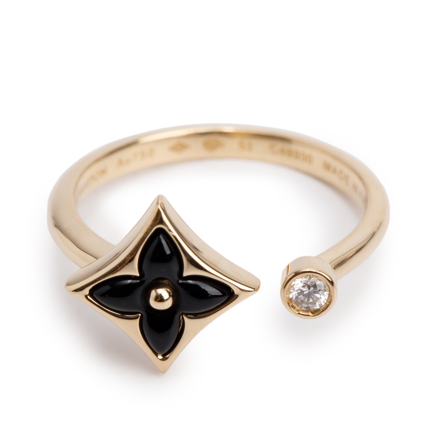 Louis Vuitton 2025 18k Yellow Gold Diamond & Onyx Mini Star Blossom Ring, Size 53 6.75 w/ Box & Receipt