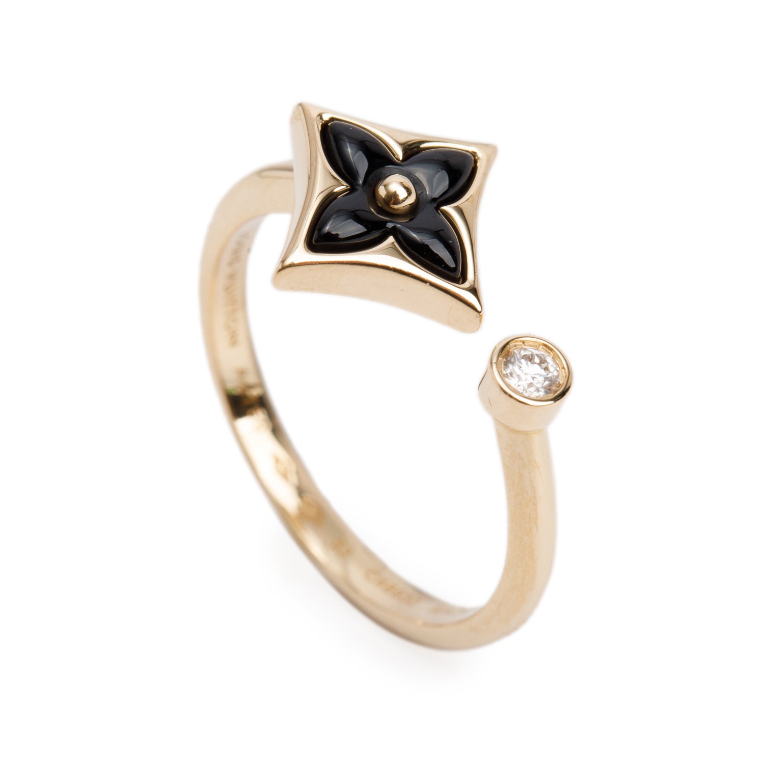 Louis Vuitton 2025 18k Yellow Gold Diamond & Onyx Mini Star Blossom Ring, Size 53 6.75 w/ Box & Receipt