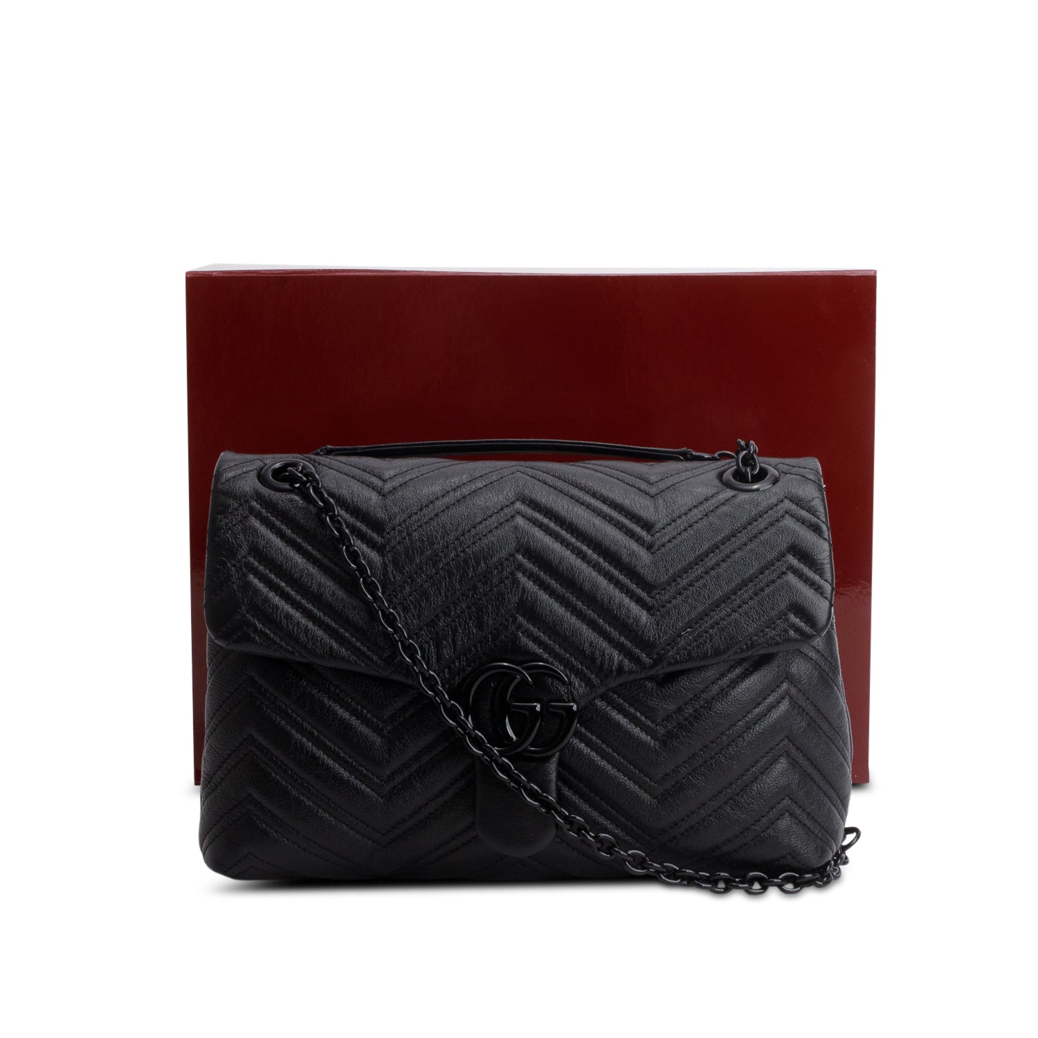 Gucci Black Soft Matelasse Chevron Leather GG Marmont Medium Shoulder Bag w/ Box