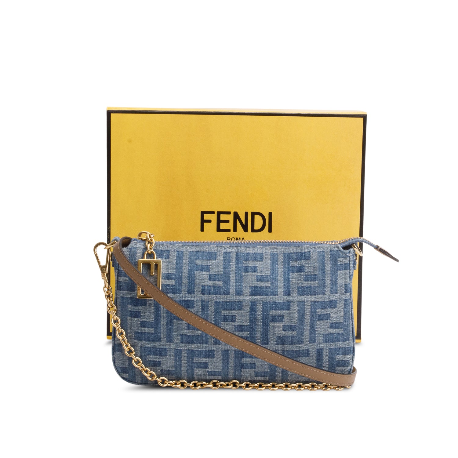 Fendi Blue Denim Effect Fabric Jacquard FF Baguette Pouch w/ Box & Straps