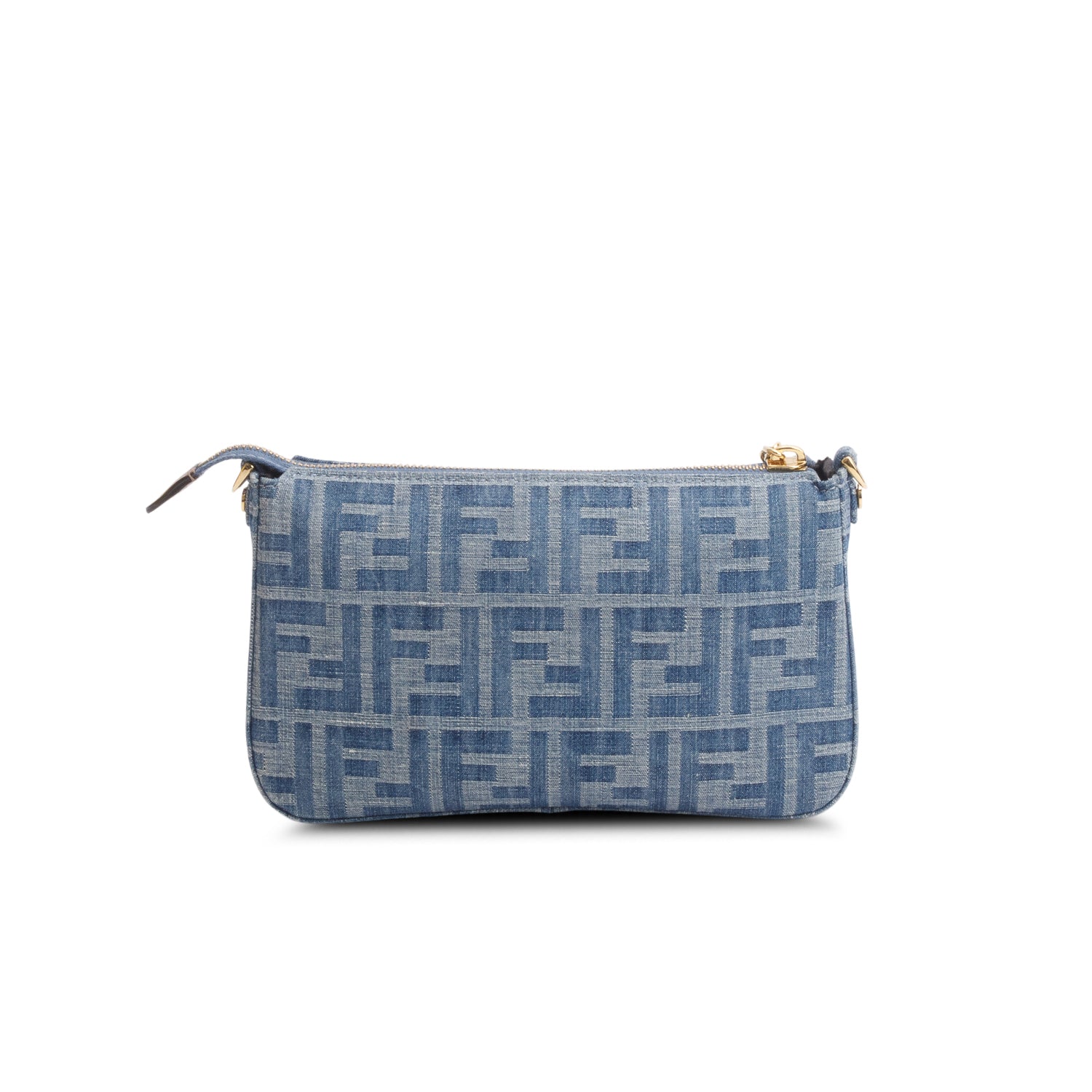 Fendi Blue Denim Effect Fabric Jacquard FF Baguette Pouch w/ Box & Straps
