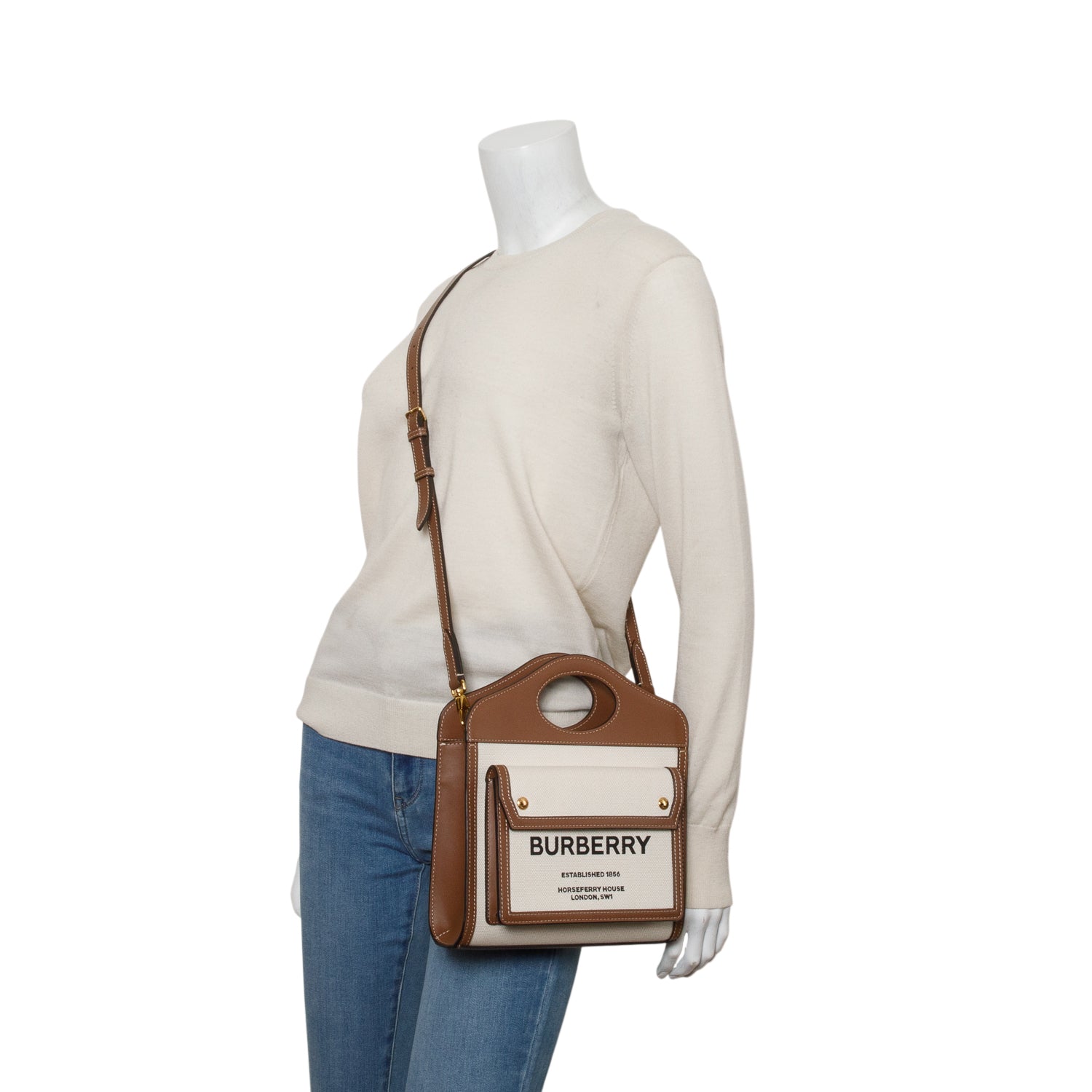 Burberry White Canvas Smooth Calfskin Two Tone Mini Pocket Bag w/ Box & Strap