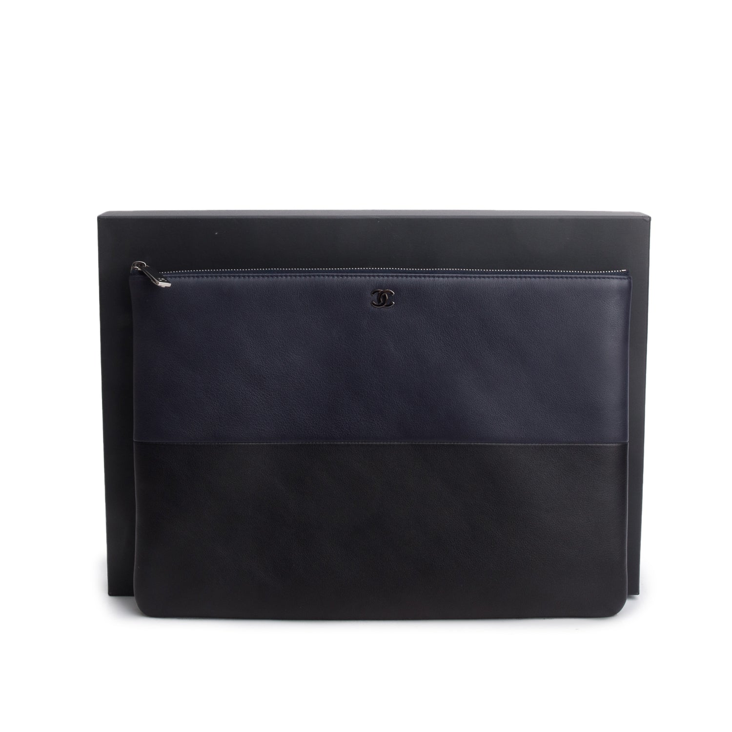 Chanel Black/Navy Lambskin Large Zip Pouch w/ Box & Authenticity Card