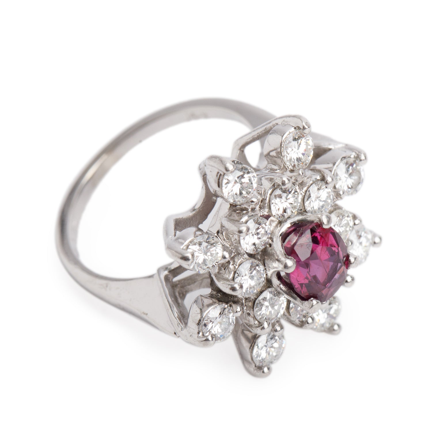 14k White Gold Ruby and Diamond Cocktail Ring, Size 6.25