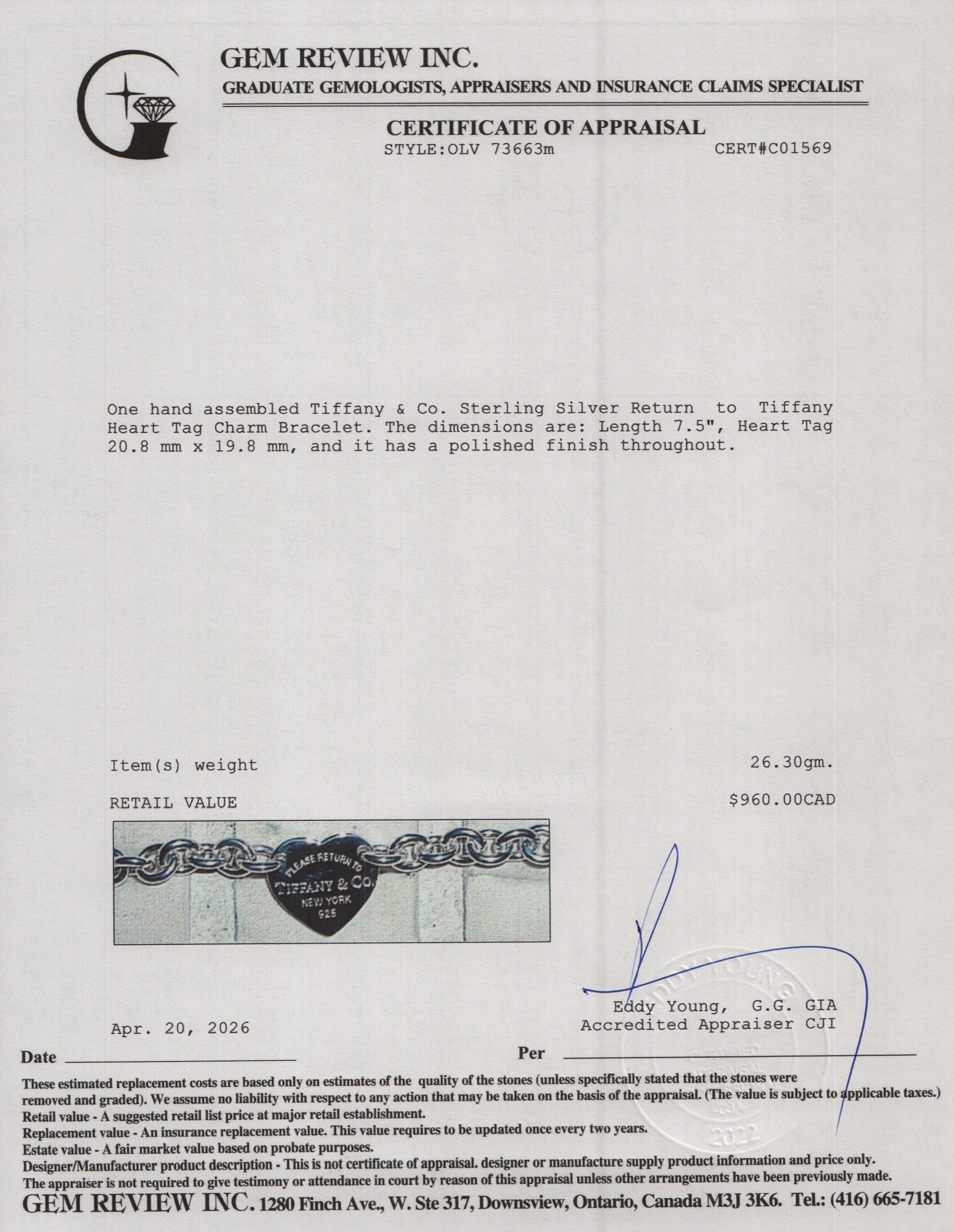 Tiffany & Co. Sterling Silver Return to Tiffany Heart Tag Charm Bracelet