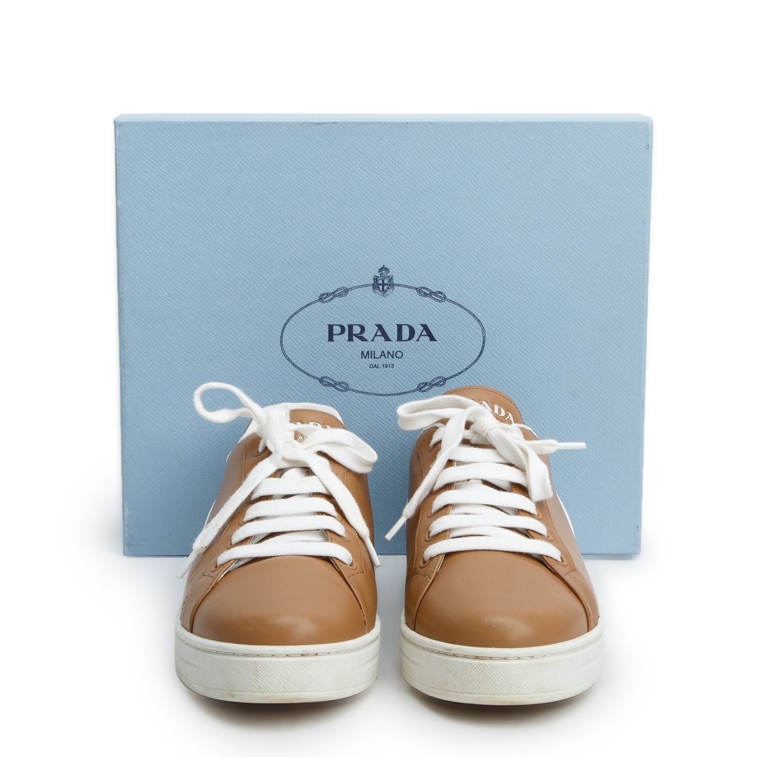 Prada Brown/White Vitello Soft Leather Sneakers, Women's Size 40.5 w/ Box