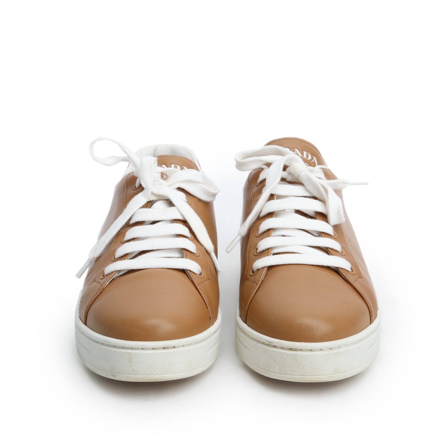 Prada Brown/White Vitello Soft Leather Sneakers, Women's Size 40.5 w/ Box