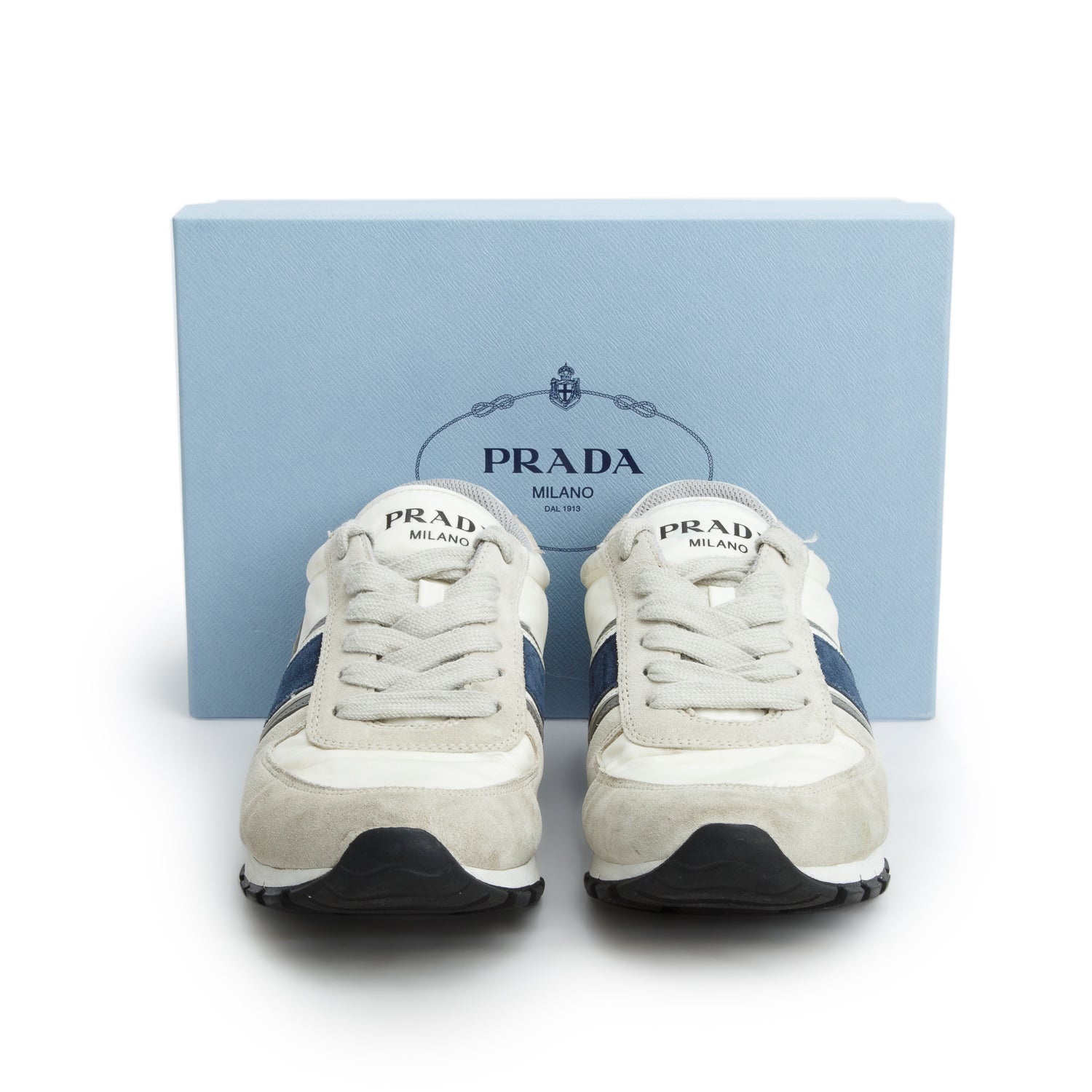 Prada Grey/Navy Suede Nylon Match Race Sneakers, Men's Size 7.5 w/ Box