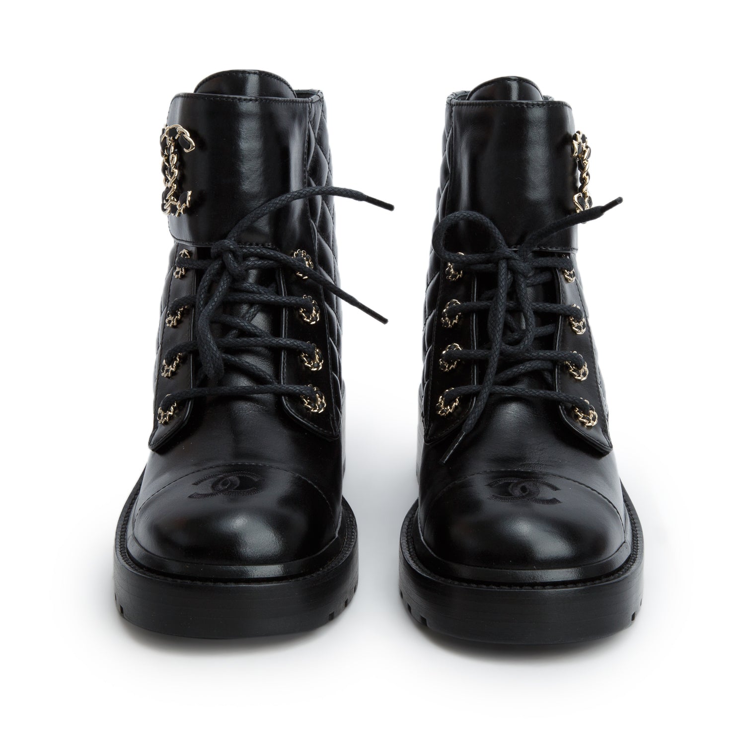Chanel 2023 Black Shiny Calfskin Quilted Lace Up Combat Boots, Women's Size 38.5 w/ Box & Receipt