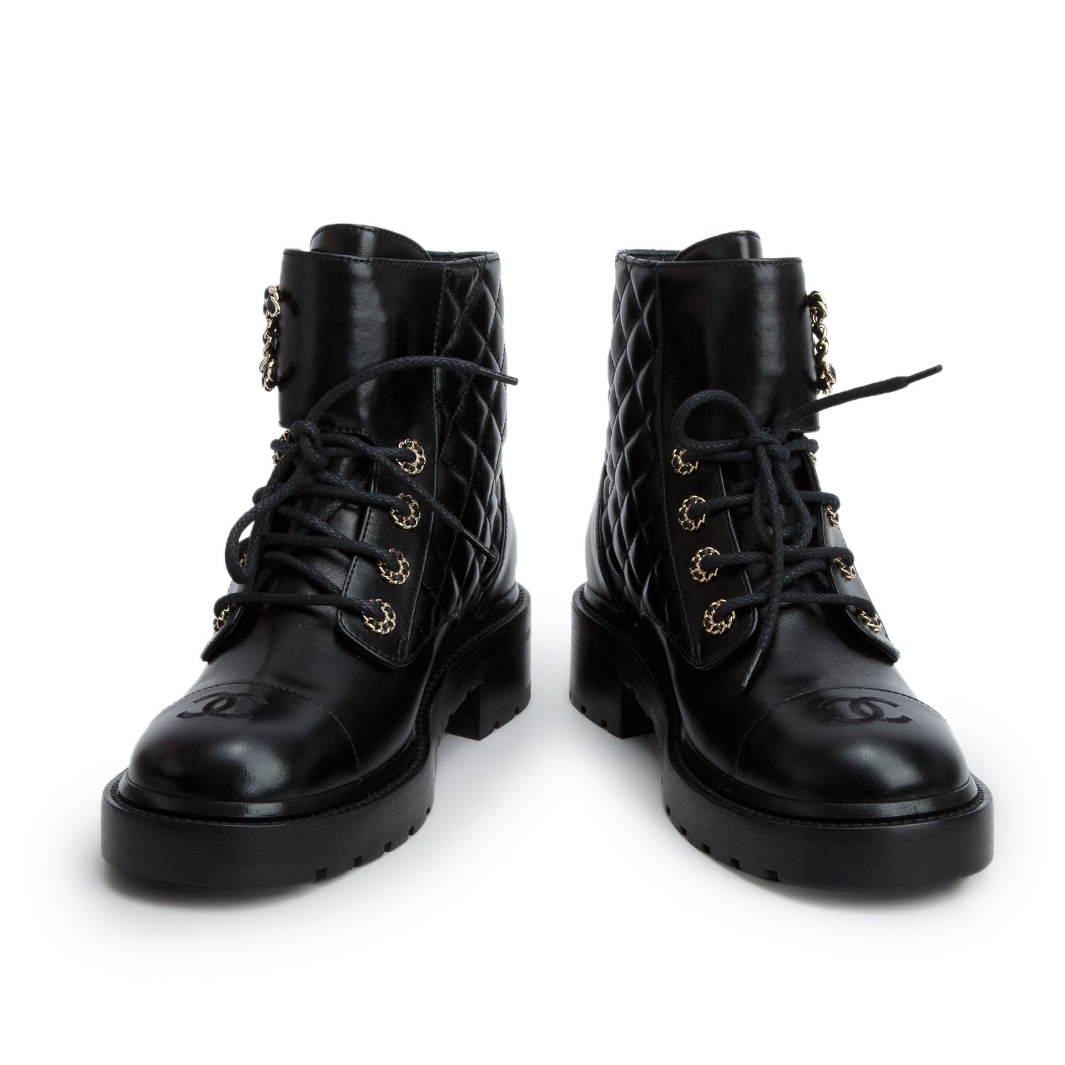 Chanel 2023 Black Shiny Calfskin Quilted Lace Up Combat Boots, Women's Size 38.5 w/ Box & Receipt