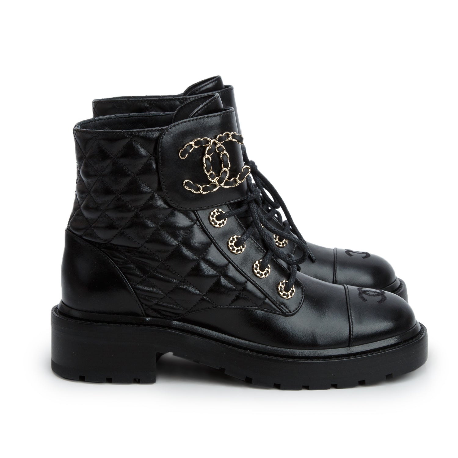 Chanel 2023 Black Shiny Calfskin Quilted Lace Up Combat Boots, Women's Size 38.5 w/ Box & Receipt
