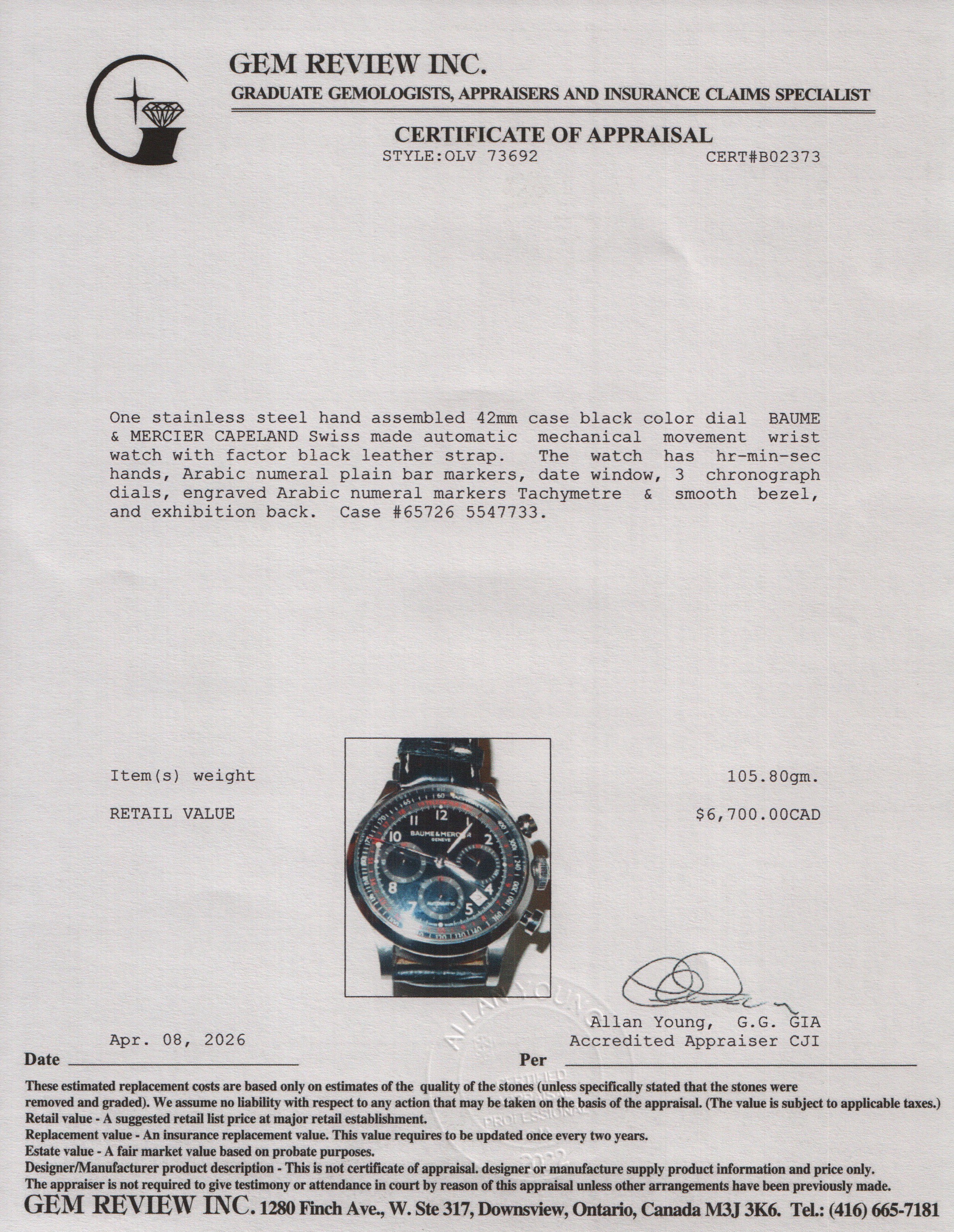 Baume & Mercier Stainless Steel Capeland 42 MM Automatic Chronograph Watch Black Dial 65726