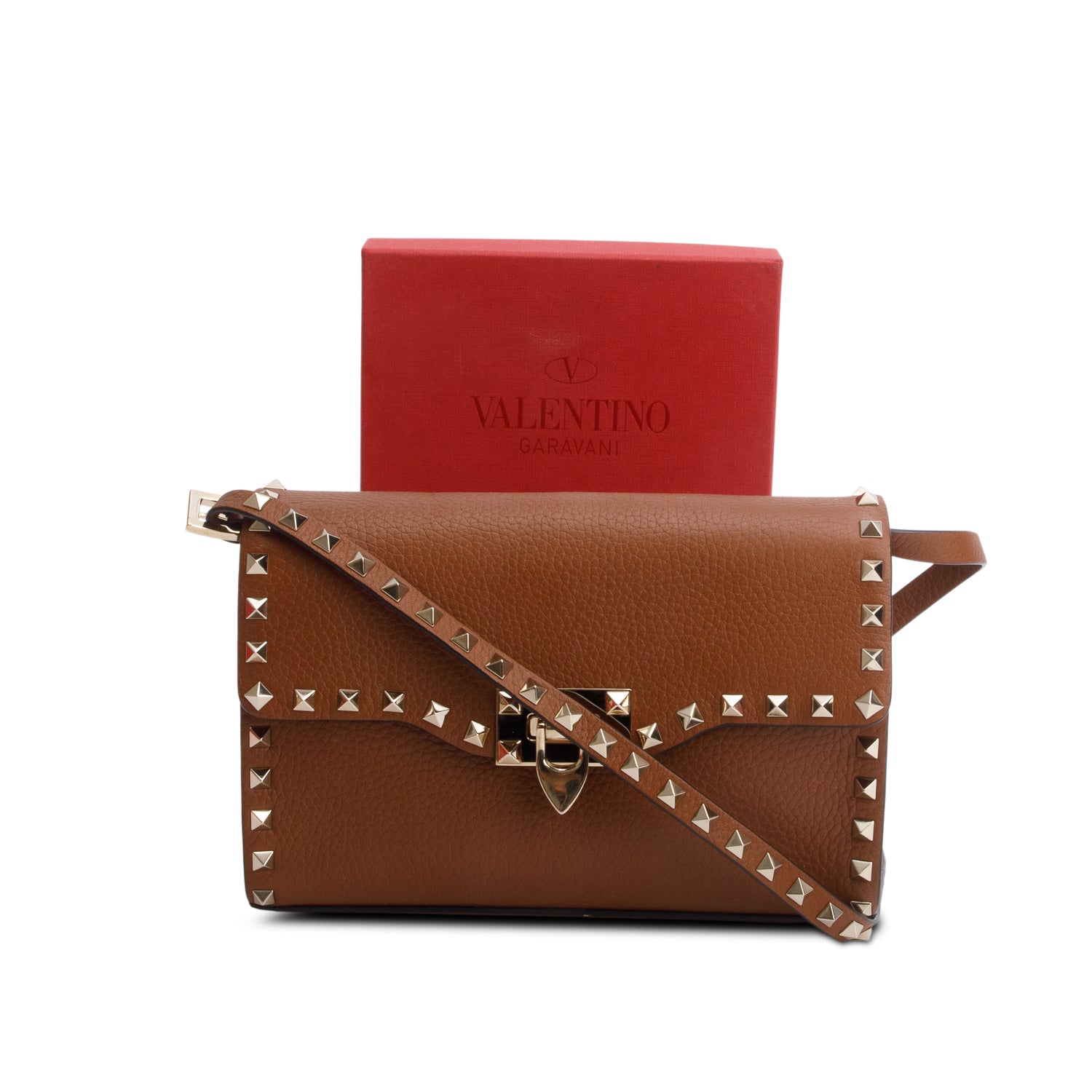Valentino Brown Pebbled Calfskin Medium Rockstud Flip Lock Crossbody Bag w/ Box