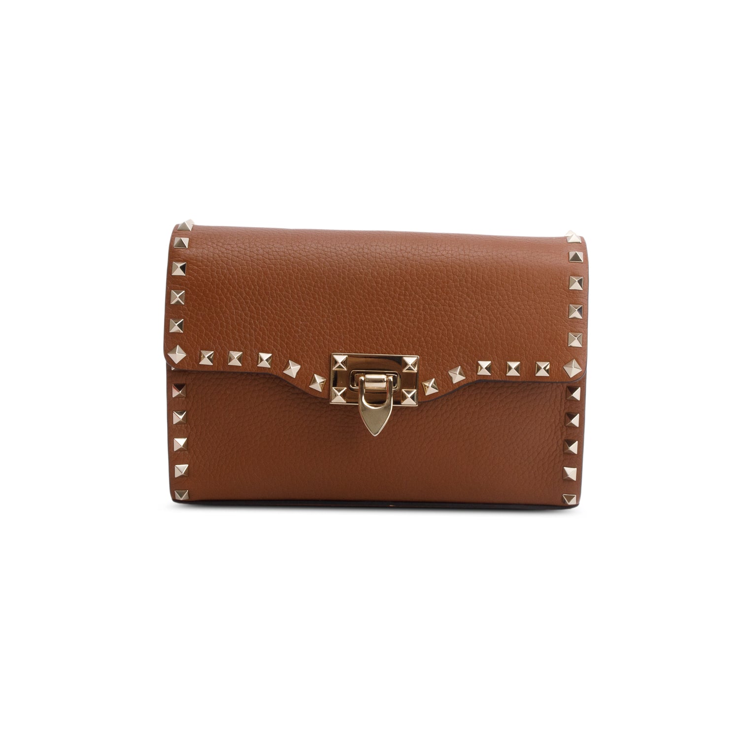 Valentino Brown Pebbled Calfskin Medium Rockstud Flip Lock Crossbody Bag w/ Box