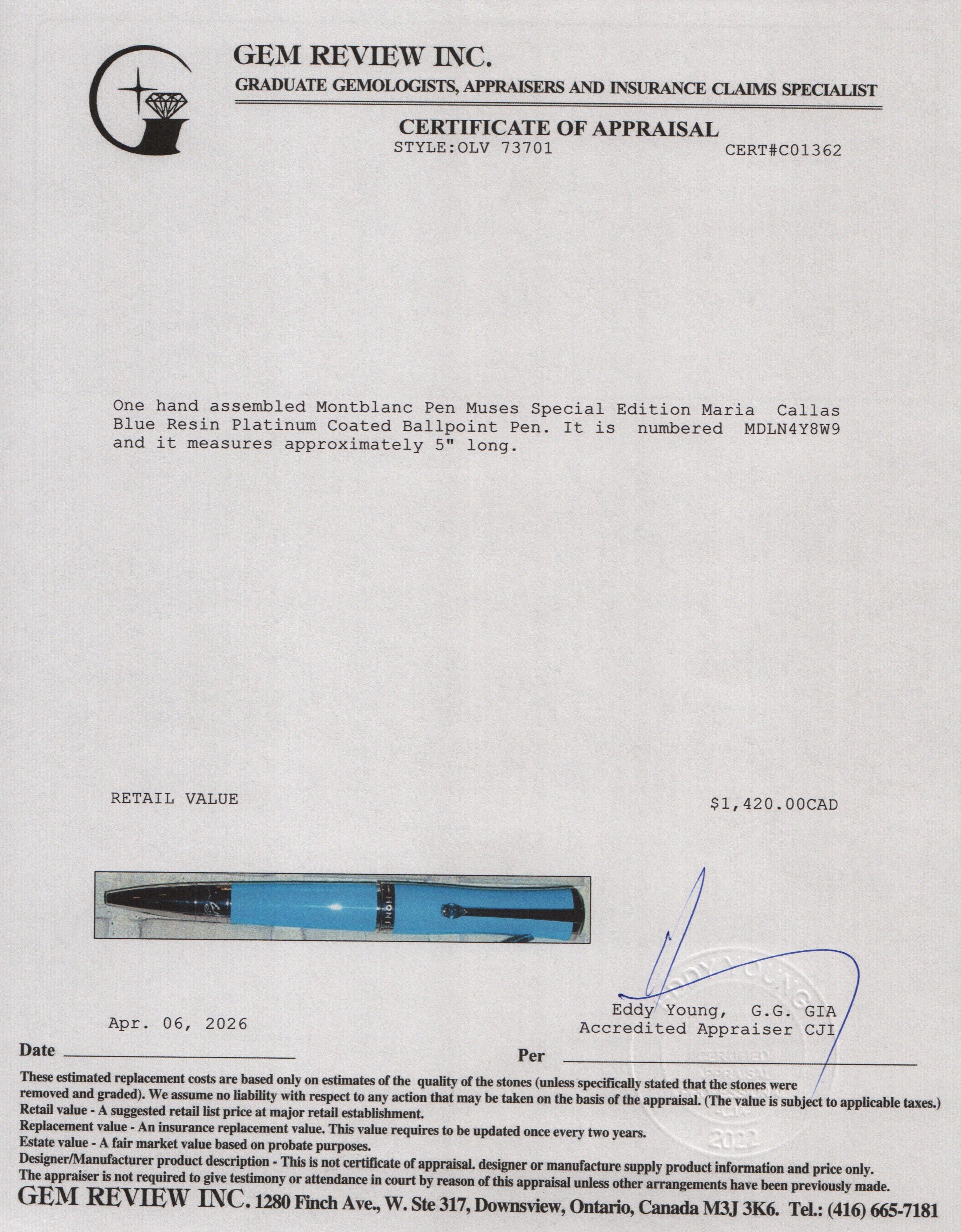 Montblanc 2024 Pen Muses Special Edition Maria Callas Blue Resin Platinum Coated Ballpoint Pen w/ Box & Receipt