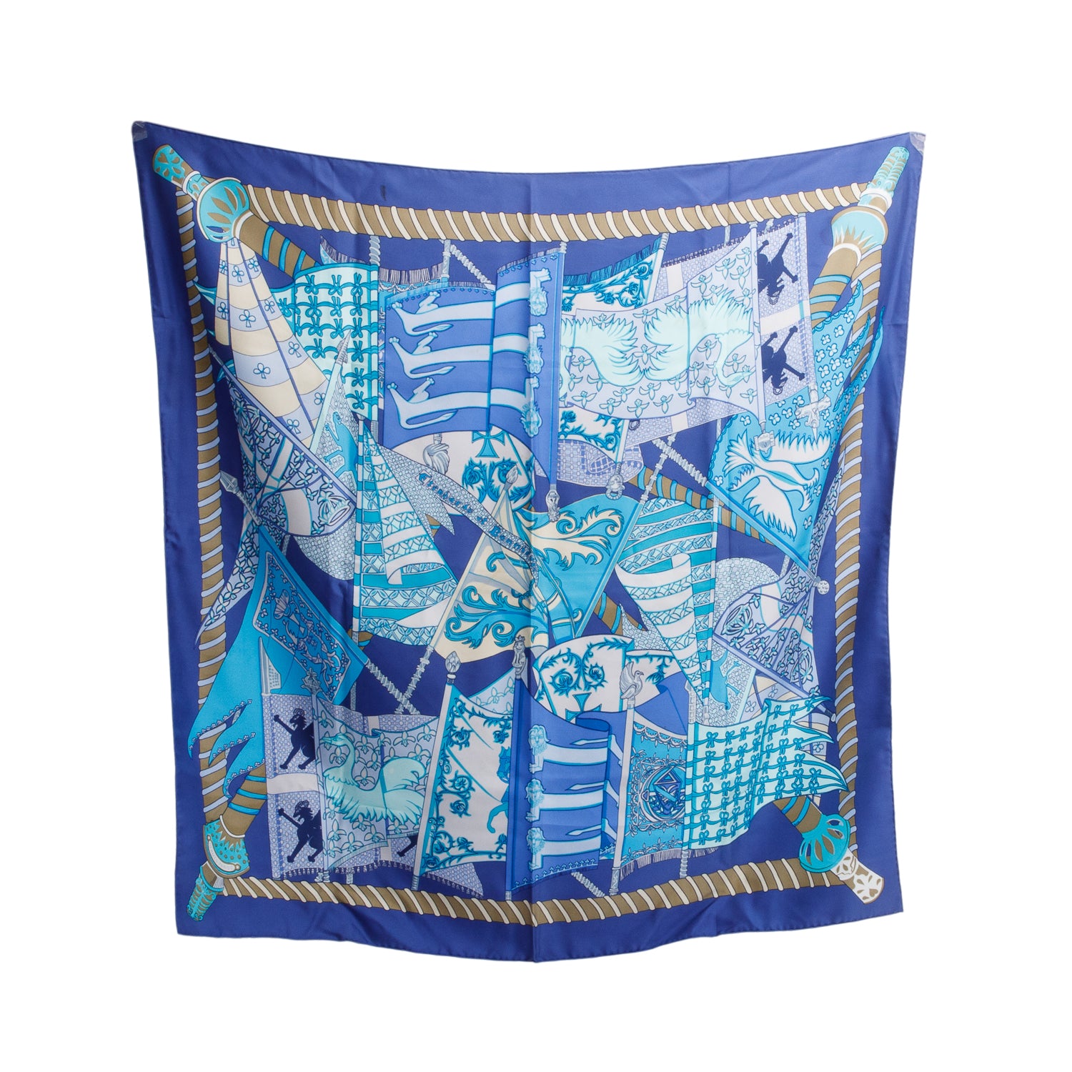 Hermes Blue 'Etendards et Bannieres' Silk Scarf 90 w/ Box