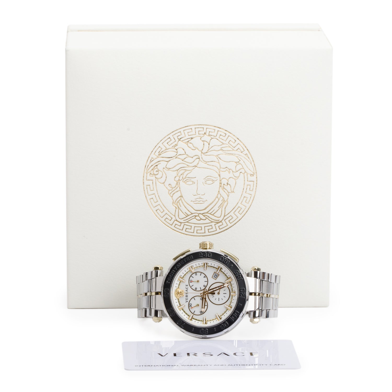 Versace Stainless Steel & Gold Plated Black Ceramic 45 MM Greca Chronograph Quartz Watch White Dial w/ Box