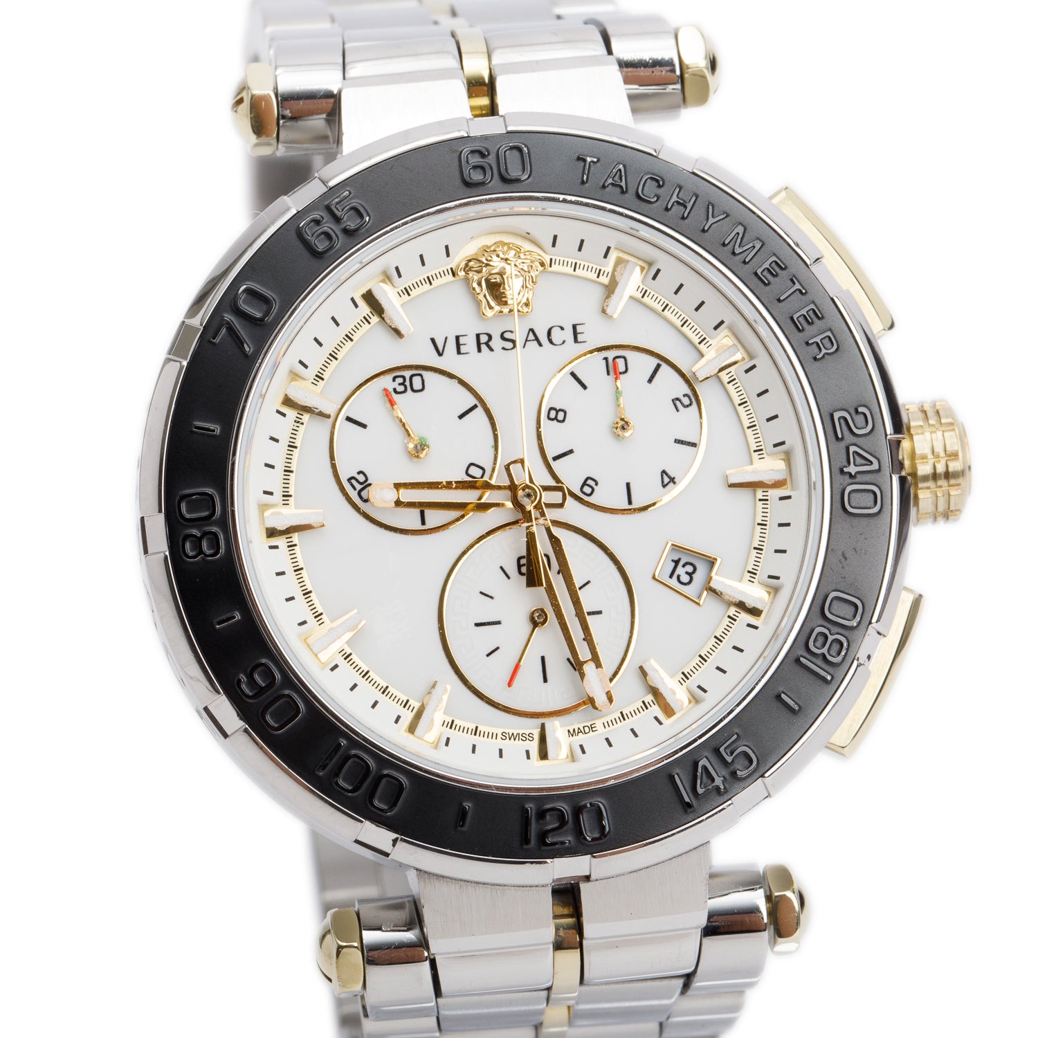 Versace Stainless Steel & Gold Plated Black Ceramic 45 MM Greca Chronograph Quartz Watch White Dial w/ Box