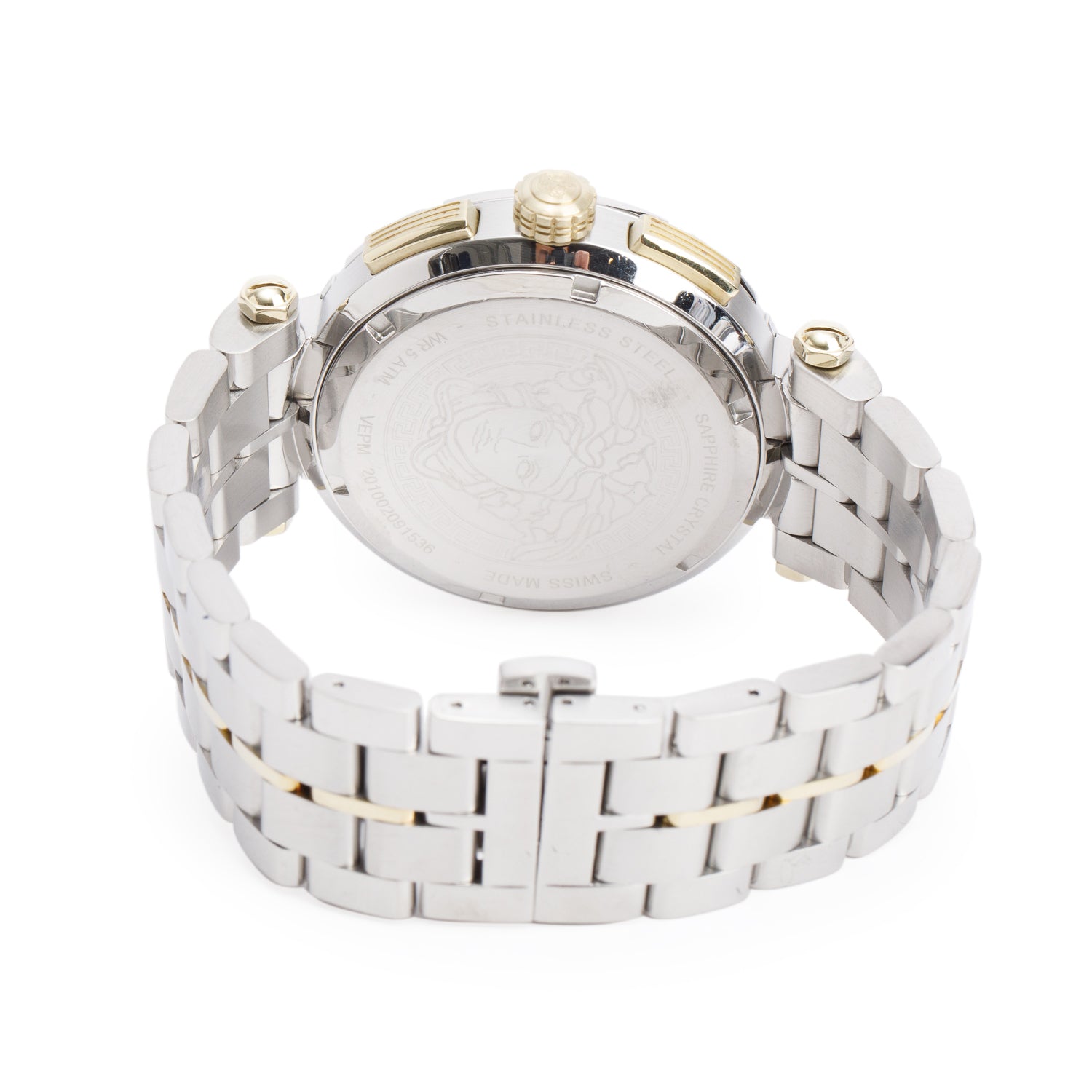 Versace Stainless Steel & Gold Plated Black Ceramic 45 MM Greca Chronograph Quartz Watch White Dial w/ Box