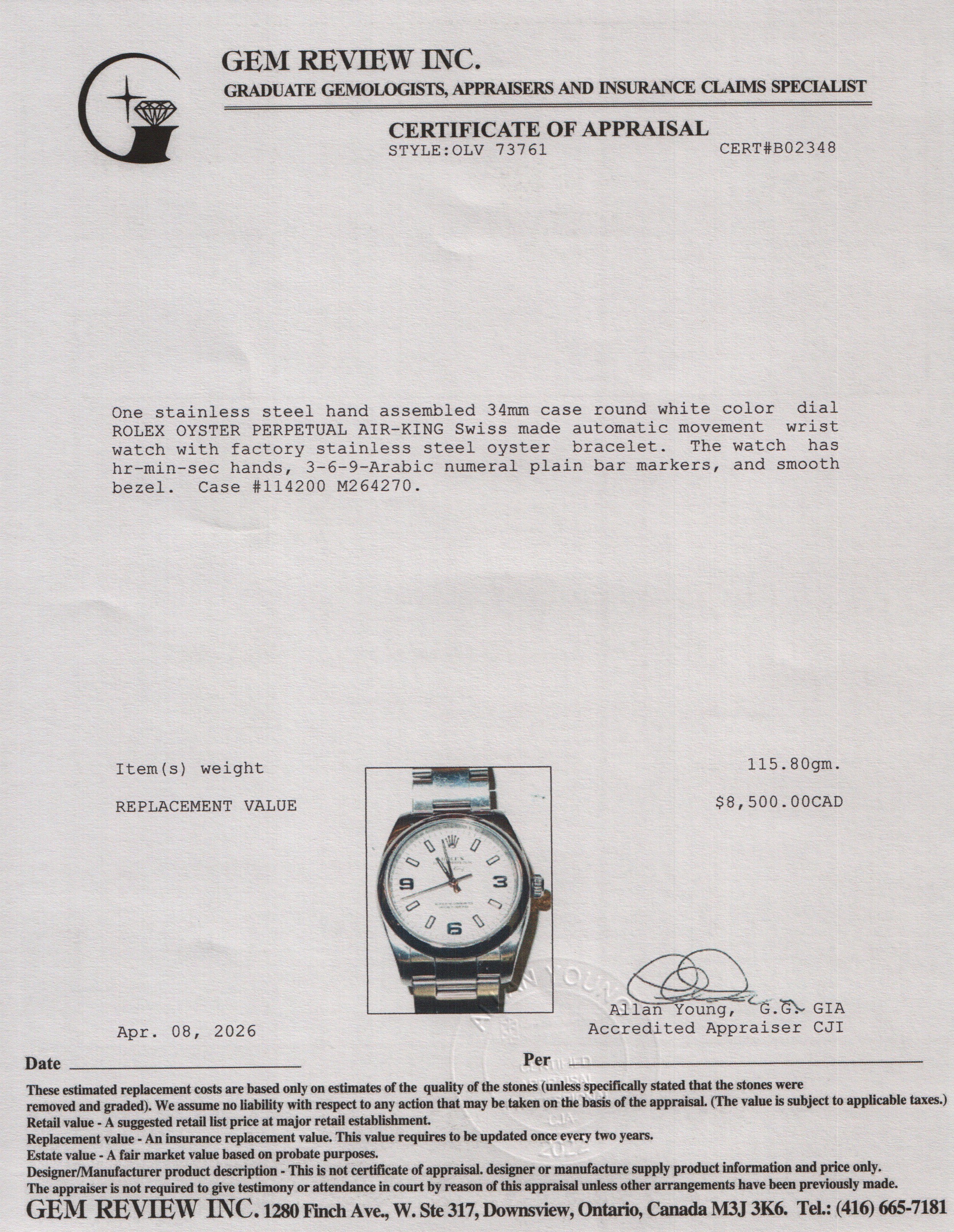 Rolex Stainless Steel Oyster Perpetual Air King 34 MM Automatic Watch White Dial 114200 w/ Box & Papers