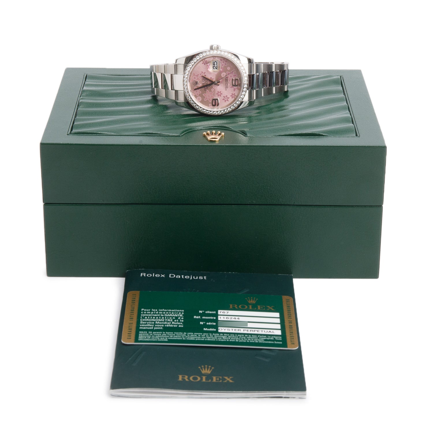 Rolex Stainless Steel Diamond Bezel 36 MM Datejust Automatic Watch Pink Floral Dial 116244 w/ Box & Papers