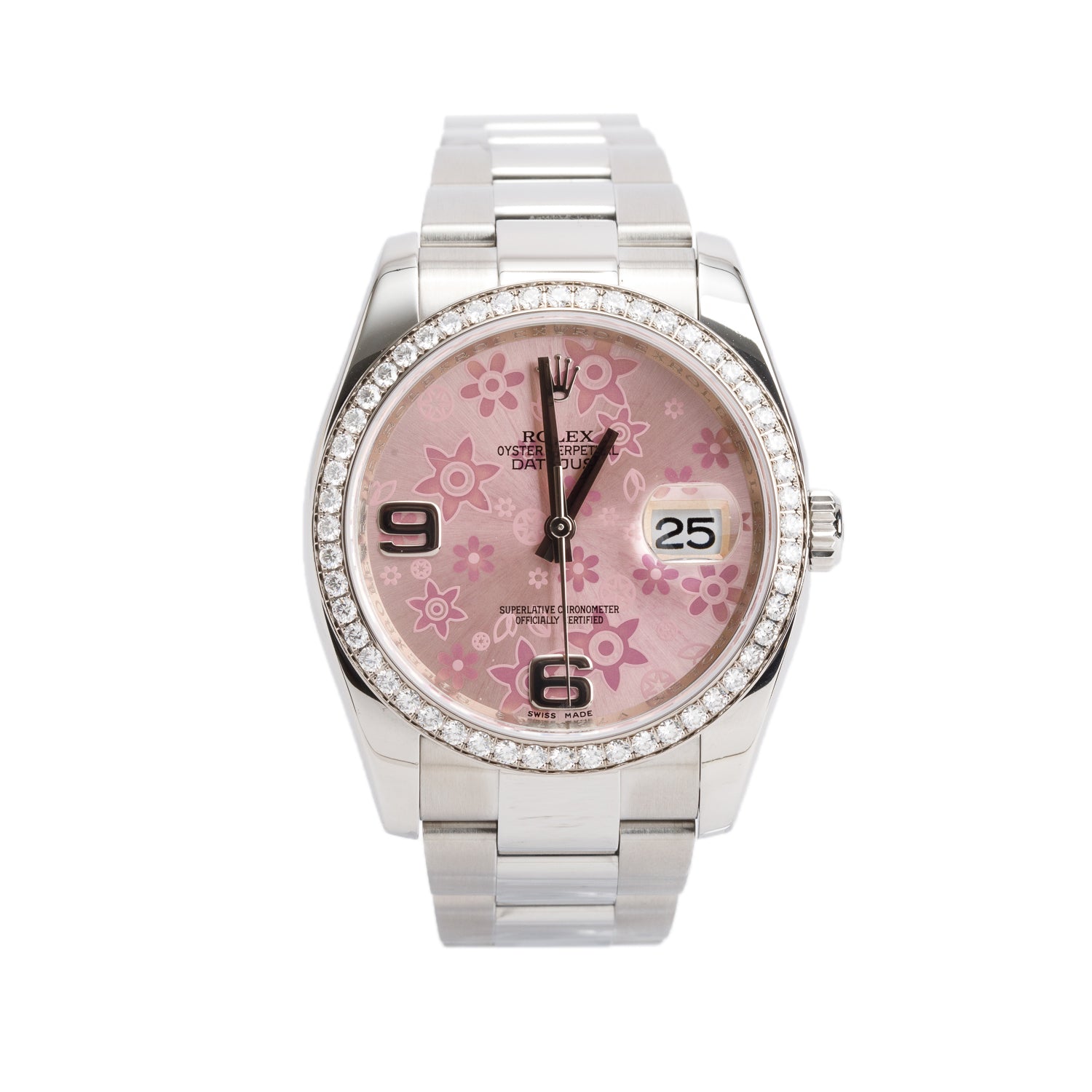 Rolex Stainless Steel Diamond Bezel 36 MM Datejust Automatic Watch Pink Floral Dial 116244 w/ Box & Papers