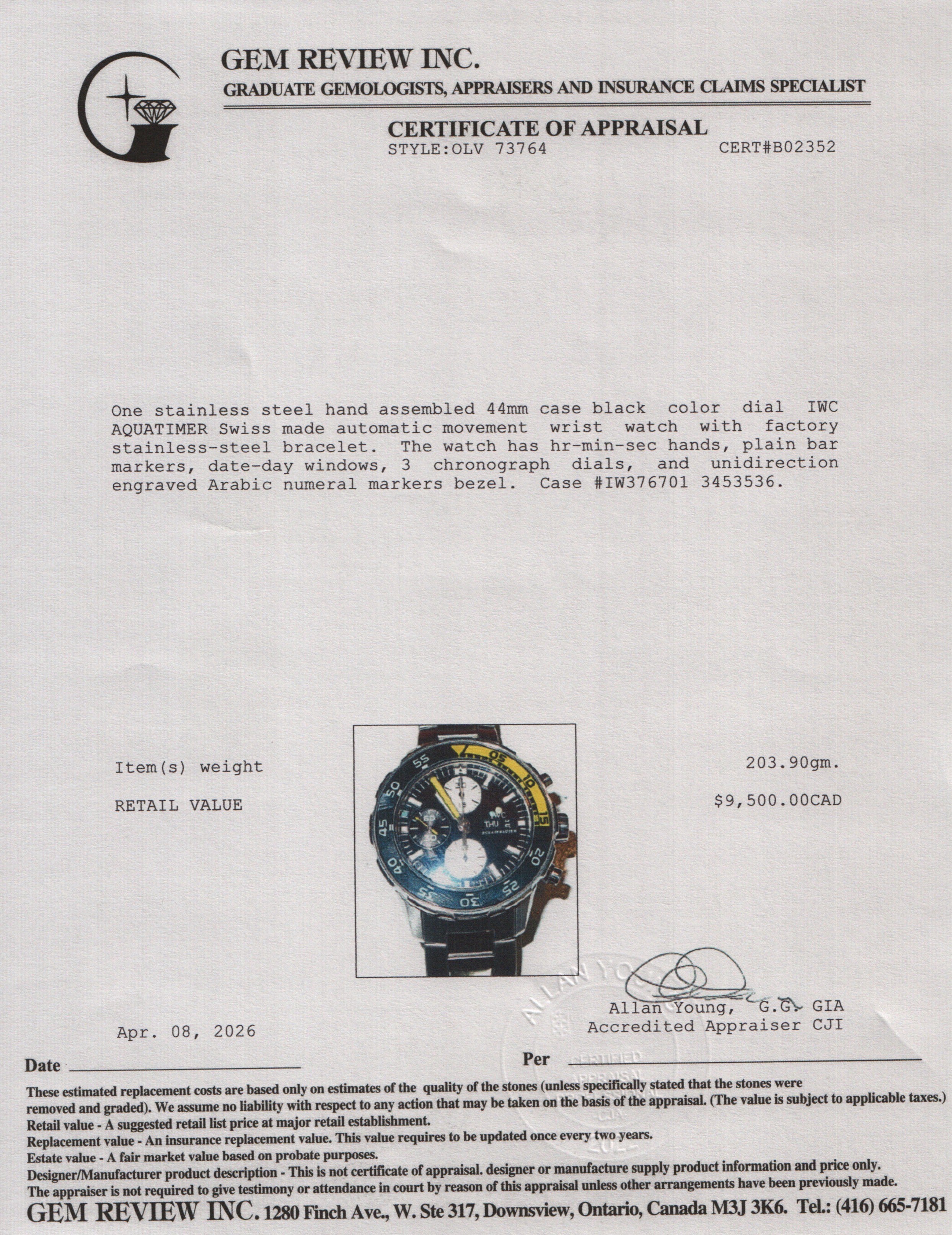 IWC Stainless Steel Aquatimer 44 MM Automatic Chronograph Watch Back Dial IW376701 w/ Box, Papers & Extra Straps