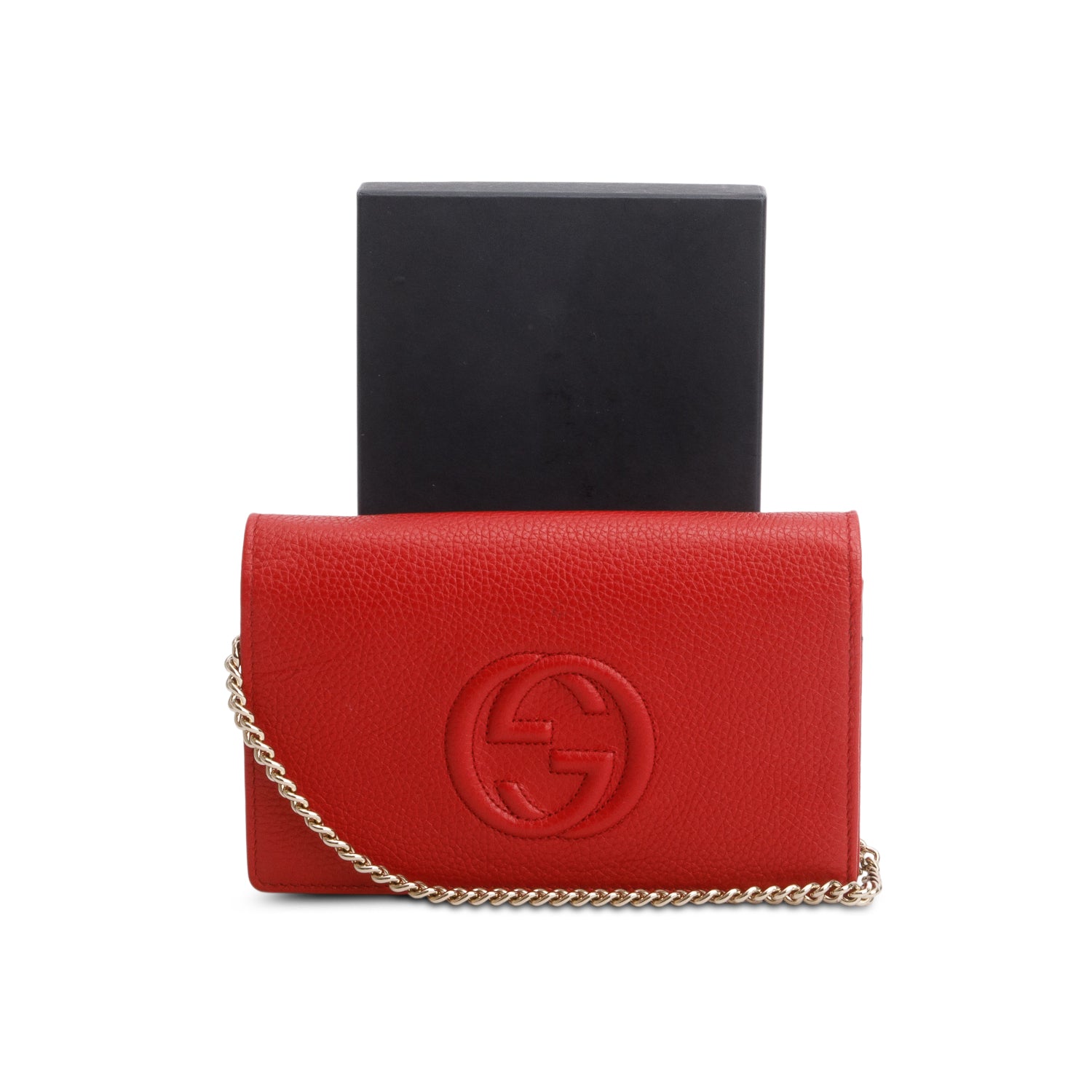 Gucci Red Pebbled Calfskin Soho Wallet on Chain w/ Box