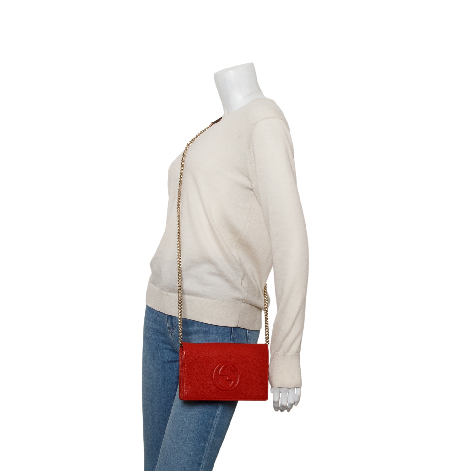 Gucci Red Pebbled Calfskin Soho Wallet on Chain w/ Box