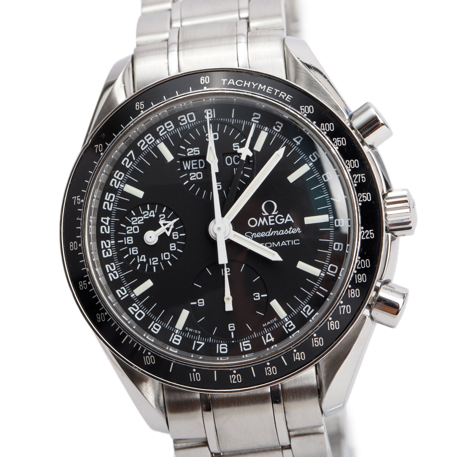 Omega Stainless Steel Speedmaster Triple Calendar 39 MM Chronograph Automatic Watch Black Dial