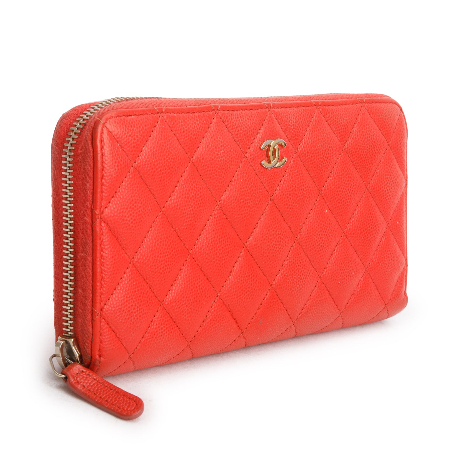 Chanel Red Caviar Quilted Leather Large Gusset Zip Around Wallet