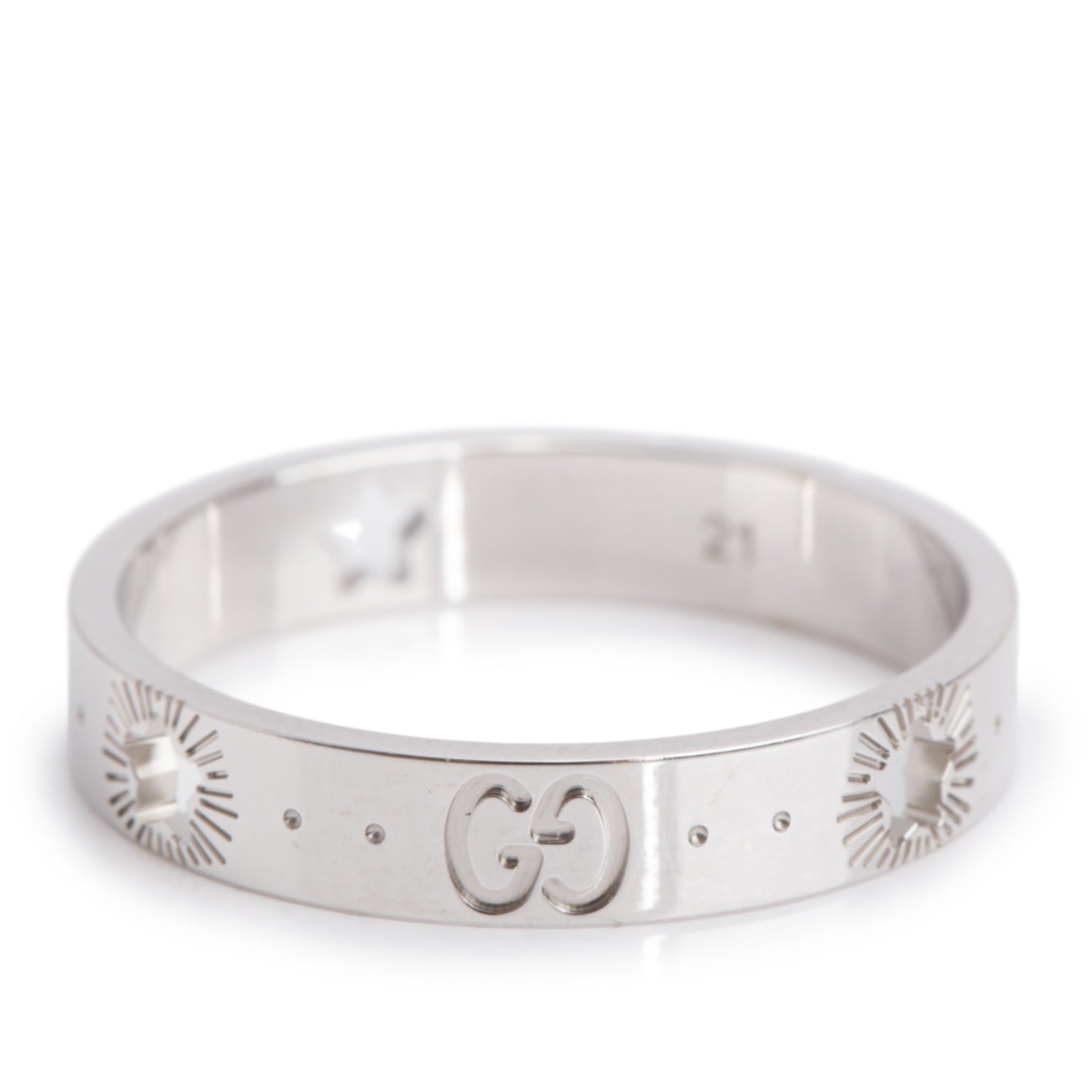Gucci 18k White Gold Icon Star 4 MM Band Ring, Size 21 9.25