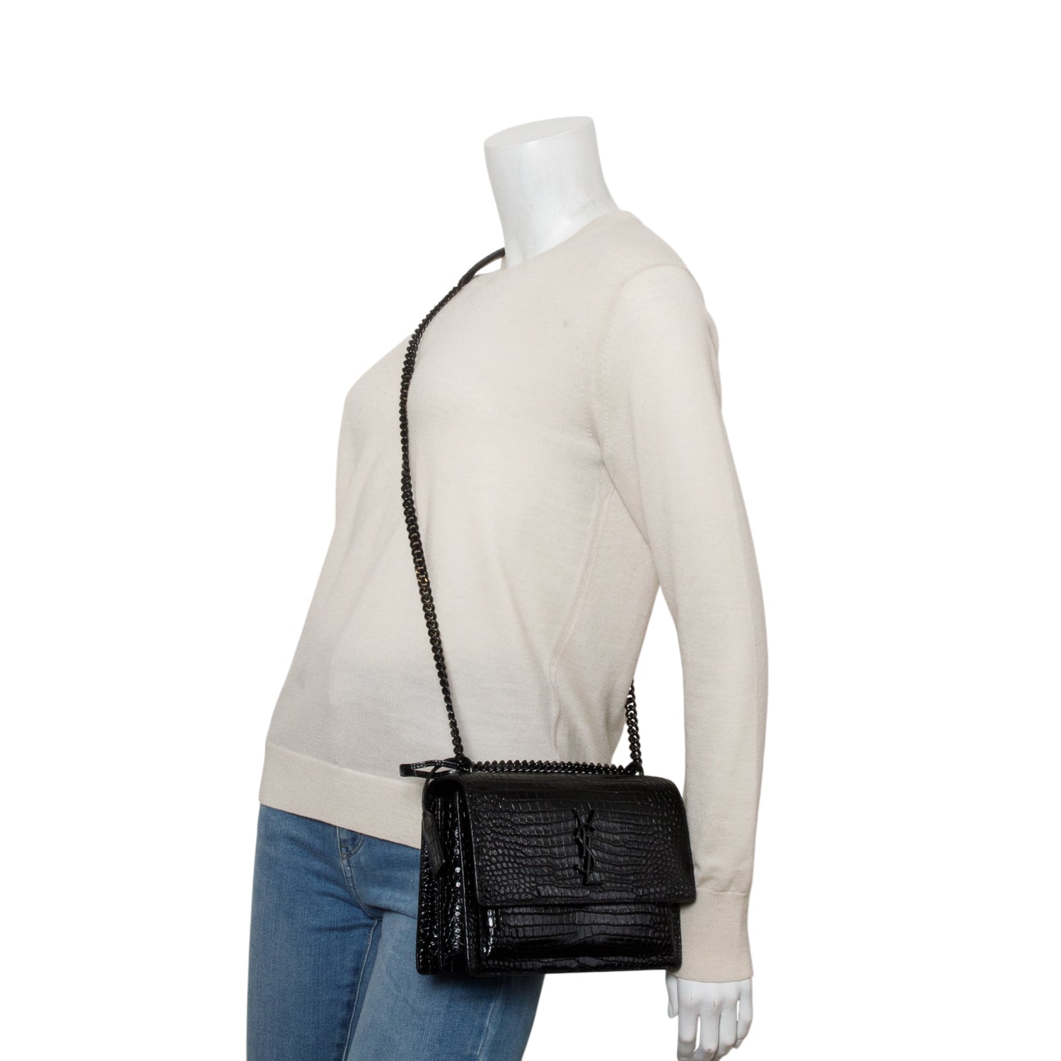 Saint Laurent 2021 Black Croc Embossed Calfskin Monochrome Medium Sunset Bag w/ Box