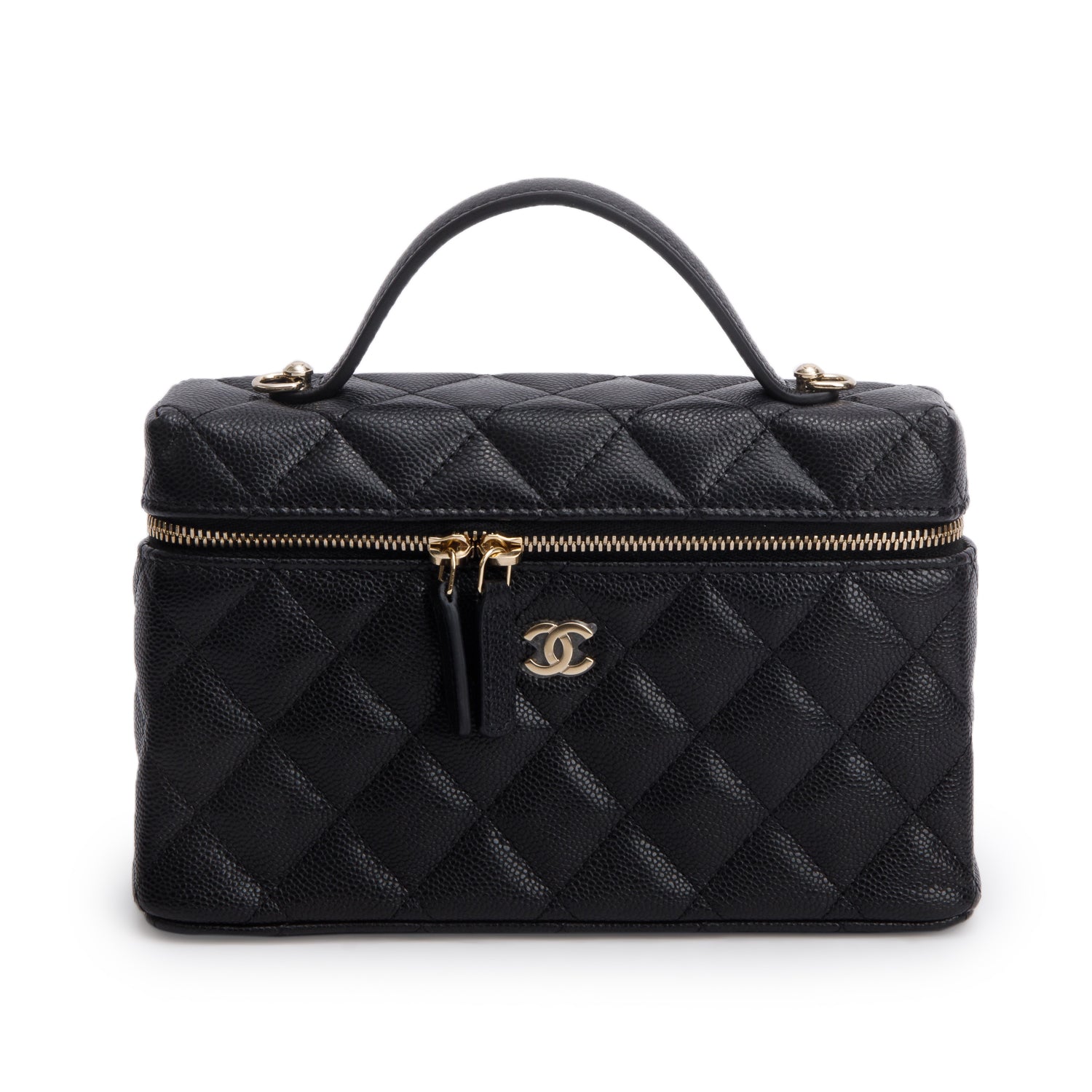 Chanel 2025 Black Caviar Quilted Top Handle Slim Vanity w/ Box, Receipt & Chain