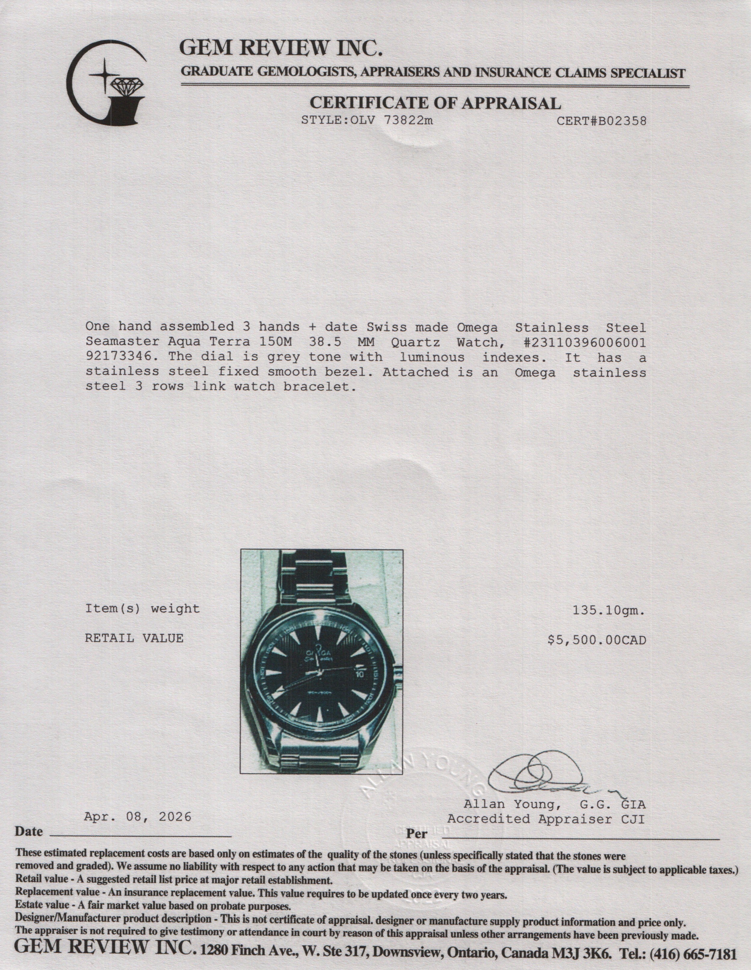 Omega Stainless Steel Seamaster Aqua Terra 150M 38.5 MM Quartz Watch Grey Dial w/ Box & Papers