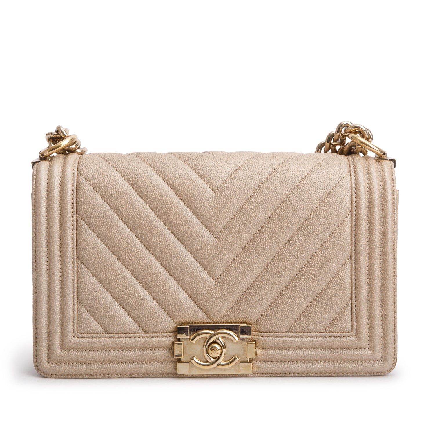 Chanel Beige Caviar Chevron Quilted Medium Boy Bag