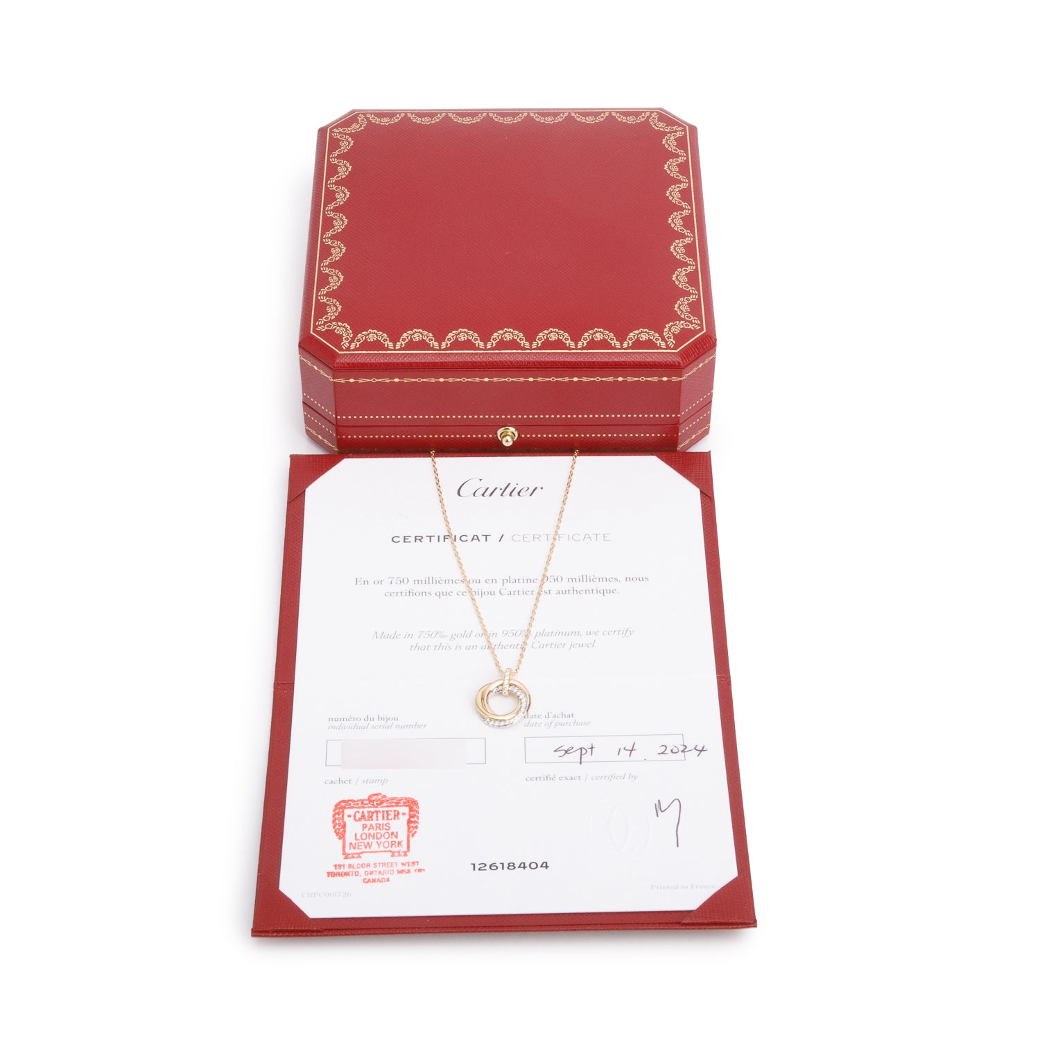 Cartier 2024 18k Yellow, White & Rose Gold Half Paved Diamond Trinity Pendant Necklace, Small Model w/ Box, Receipt & Certificate