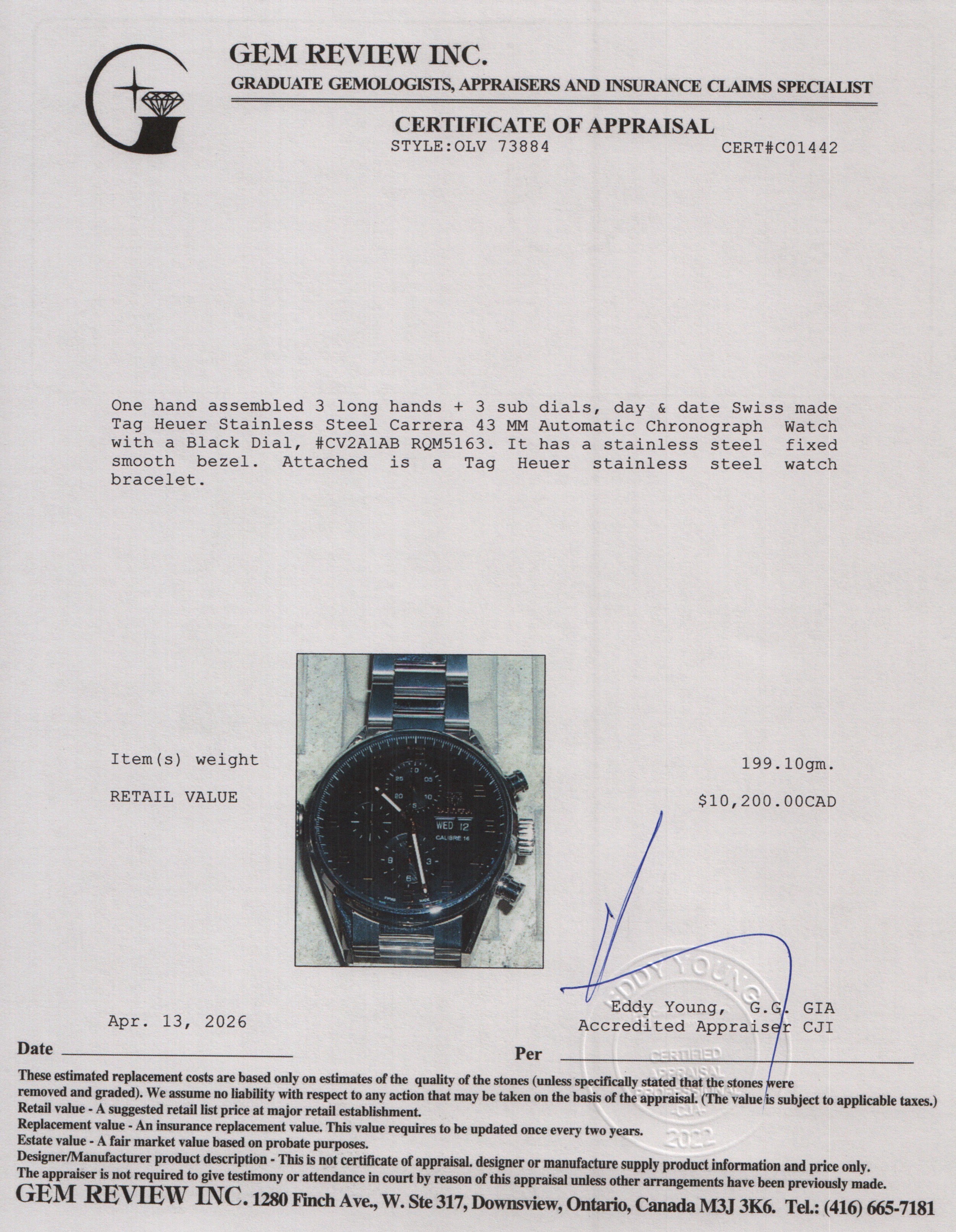 Tag Heuer Stainless Steel Carrera 43 MM Automatic Chronograph Watch Black Dial CV2A1AB w/ Box & Papers