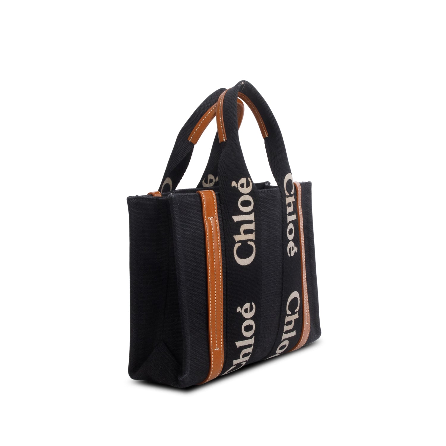 Chloe 2023 Black Cotton Calfskin Small Woody Ribbon Tote w/ Strap