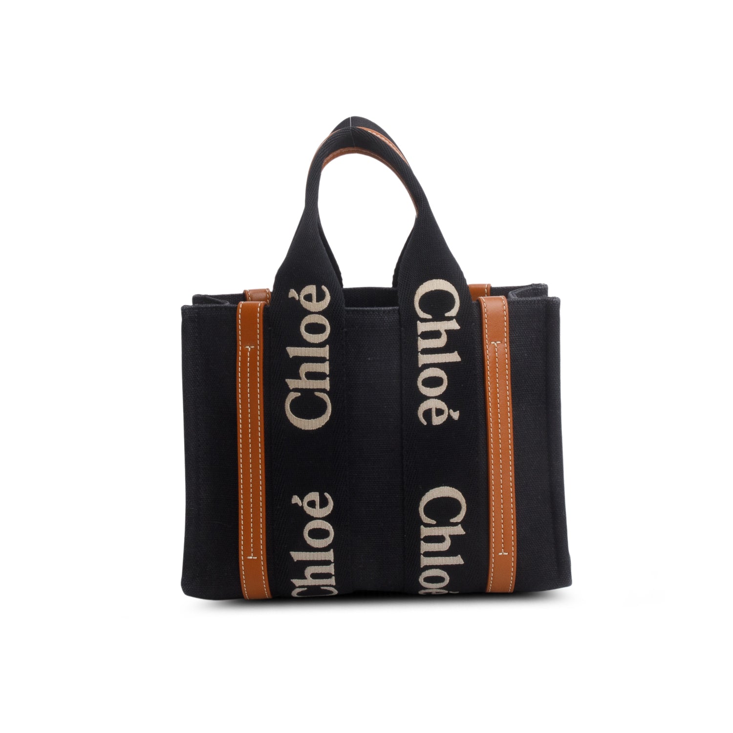 Chloe 2023 Black Cotton Calfskin Small Woody Ribbon Tote w/ Strap