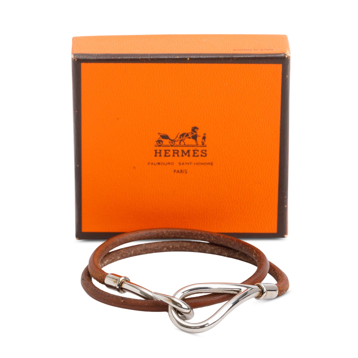 Hermes Palladium Plated Brown Swift Calfskin Leather Jumbo H Double Tour Bracelet w/ Box