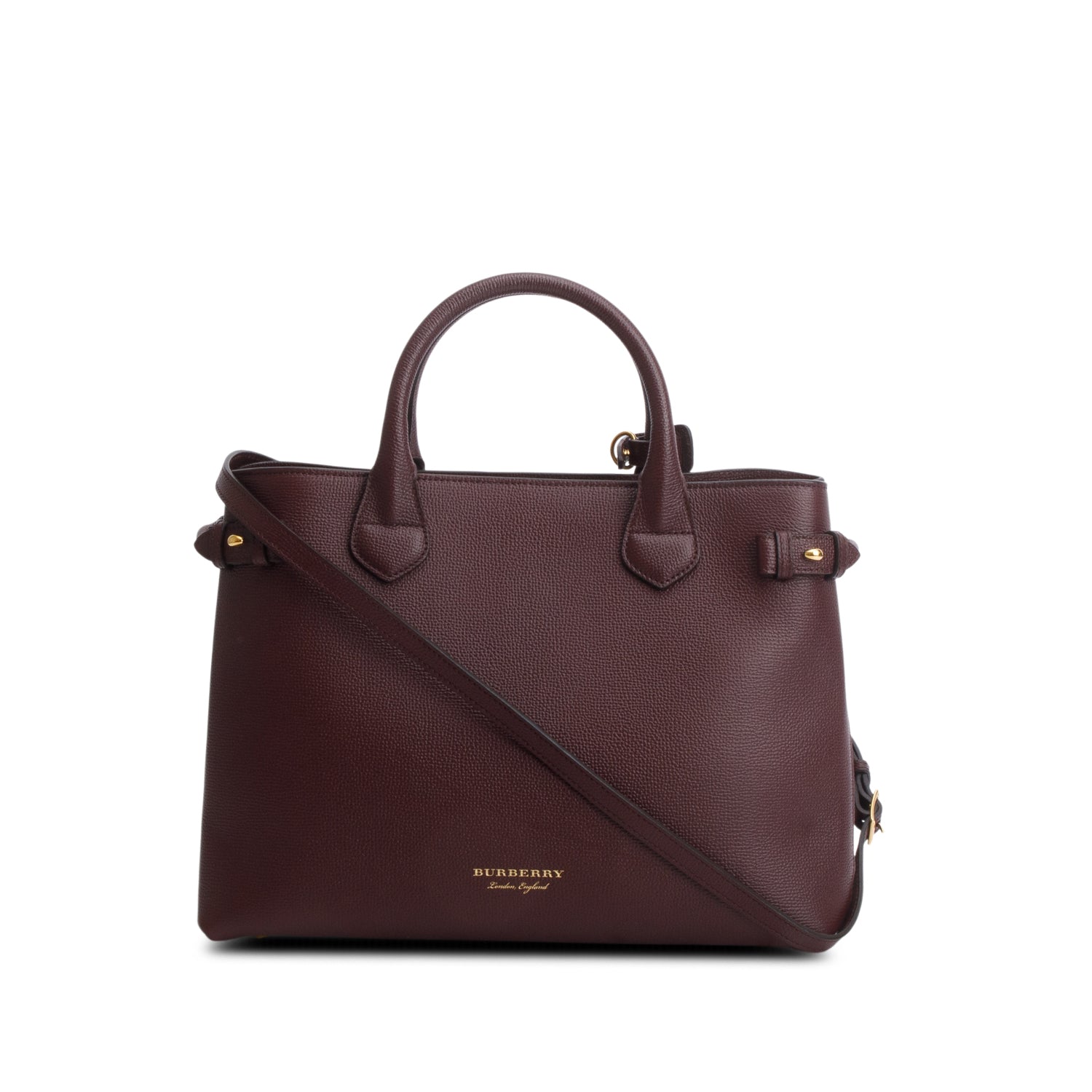 Burberry Burgundy Grainy Calfskin Leather House Check Medium Banner Tote w/ Strap